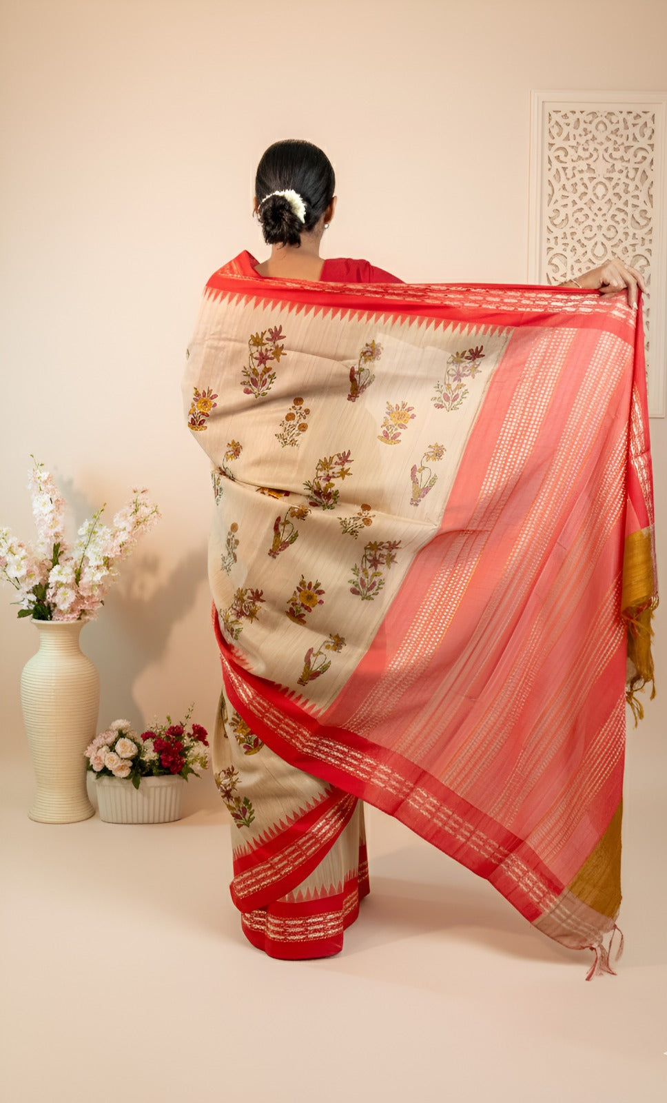 Natural Tussar Saree with Karavati Red Border, Block Print Lilies With Blouse Piece