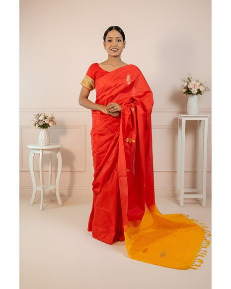 Red Color Body & Vibrant Yellow Palla Banana Silk Saree With Blouse Piece