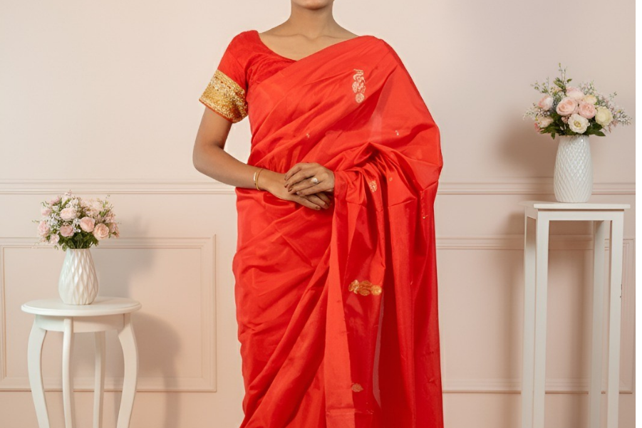 Red Color Body & Vibrant Yellow Palla Banana Silk Saree With Blouse Piece
