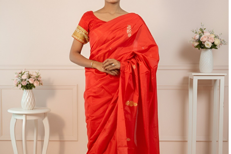 Red Color Body & Vibrant Yellow Palla Banana Silk Saree With Blouse Piece