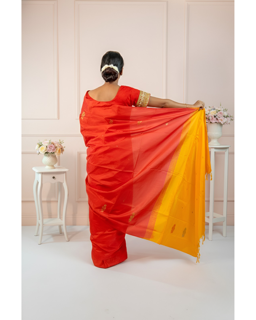 Red Color Body & Vibrant Yellow Palla Banana Silk Saree With Blouse Piece