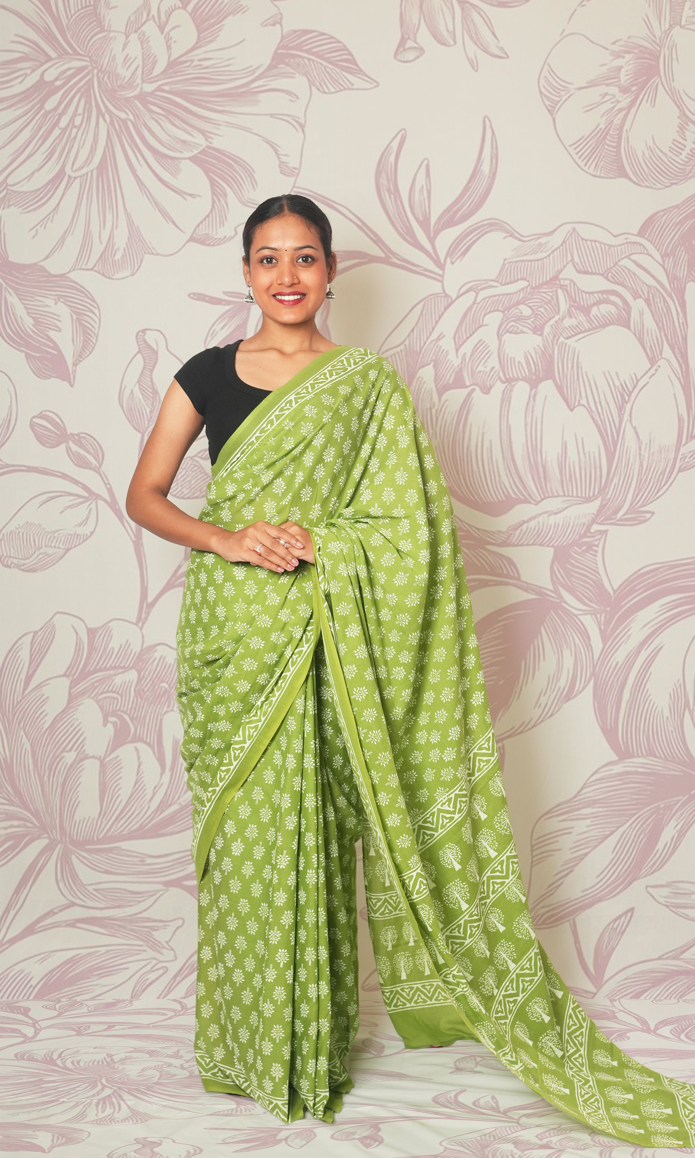 Green Rani Pink Blouse Mulmul Cotton Saree With Blouse Piece