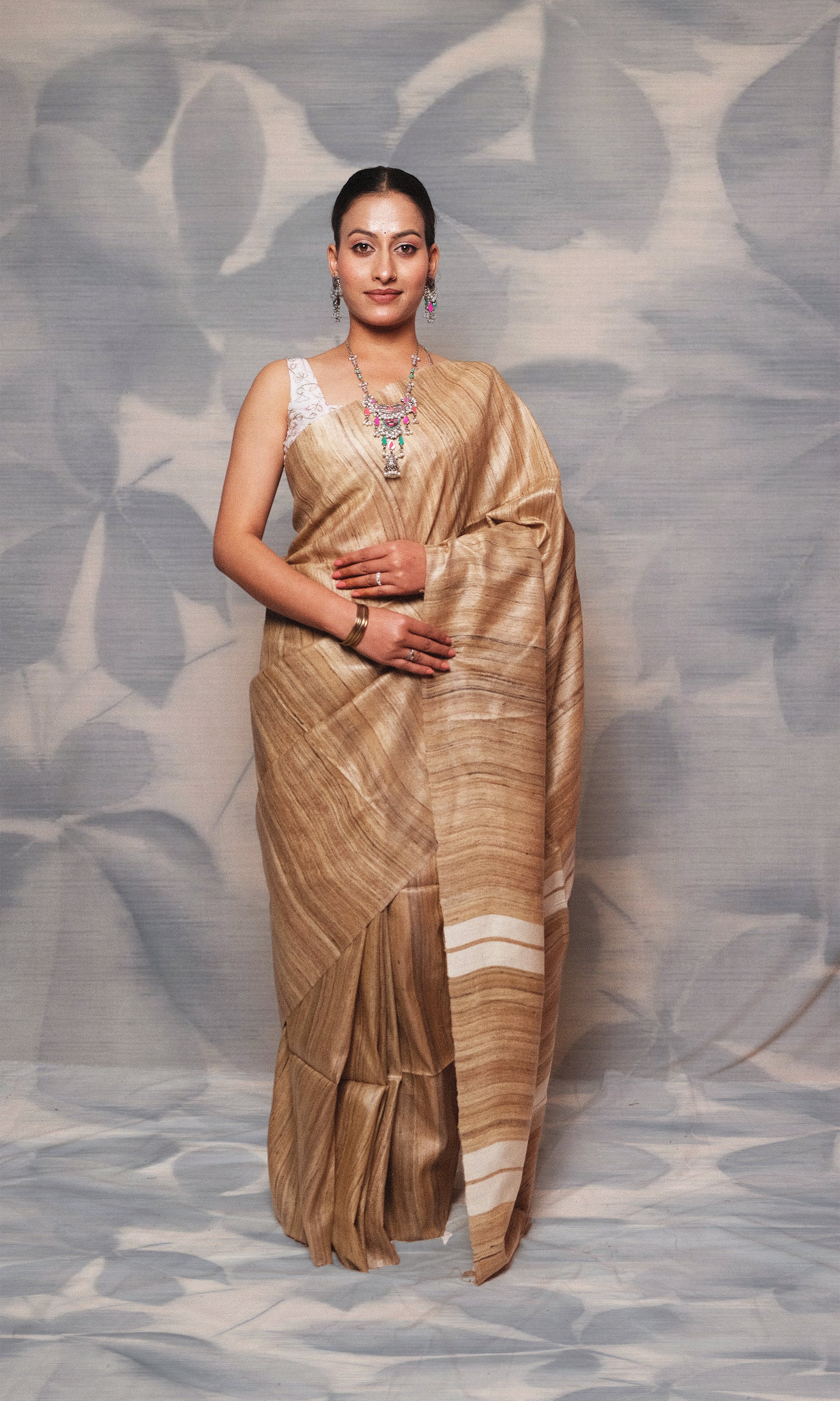 White And Raw Gold Gicha Tussar Silk Saree