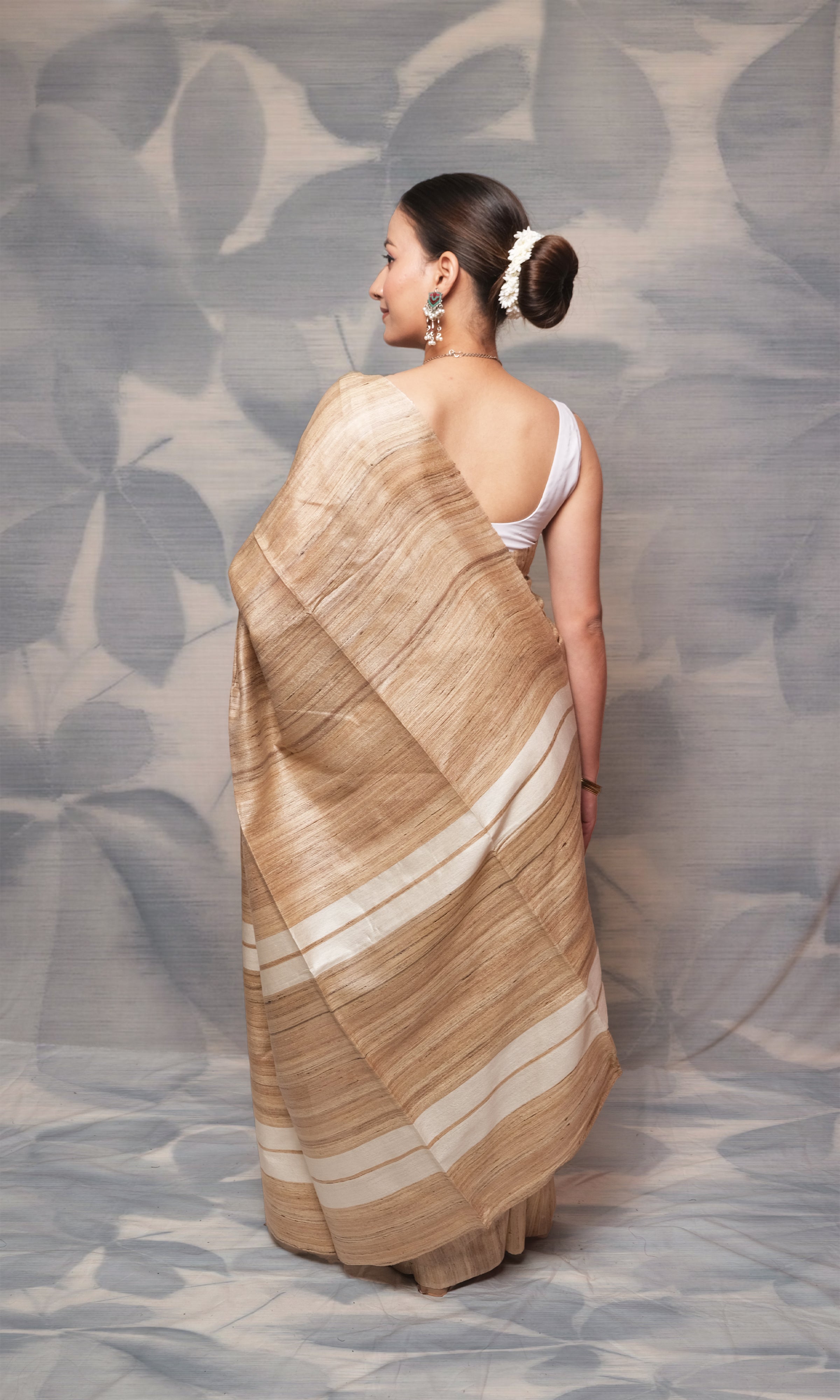 White And Raw Gold Gicha Tussar Silk Saree