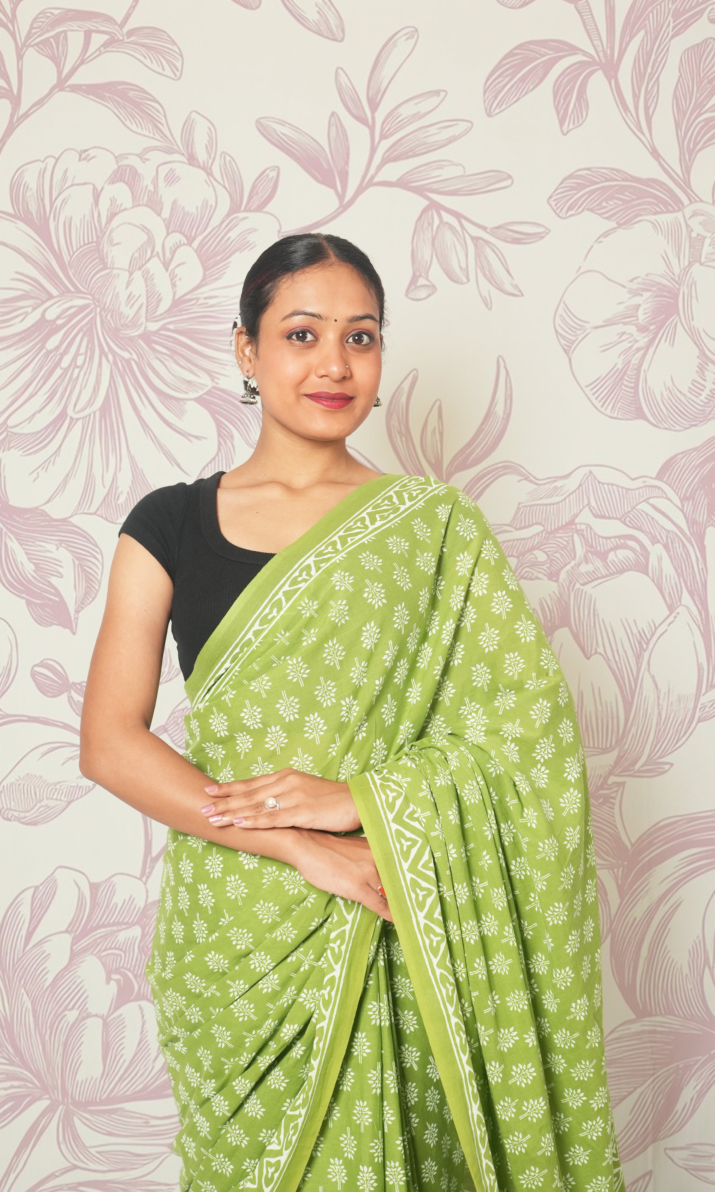 Green Rani Pink Blouse Mulmul Cotton Saree With Blouse Piece