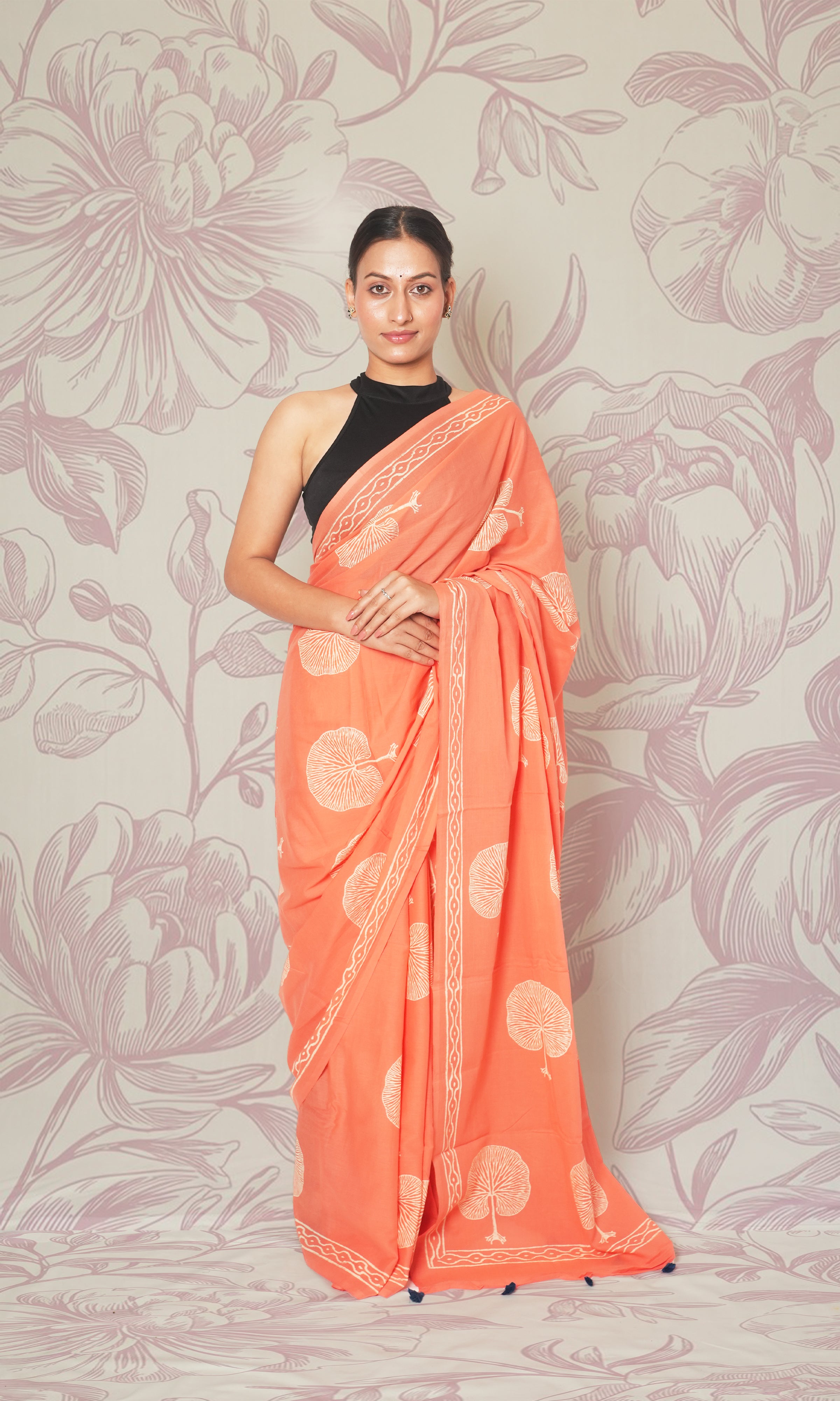 Peach & Blue Blouse Block Print Mulmul Cotton Saree With Blouse Piece