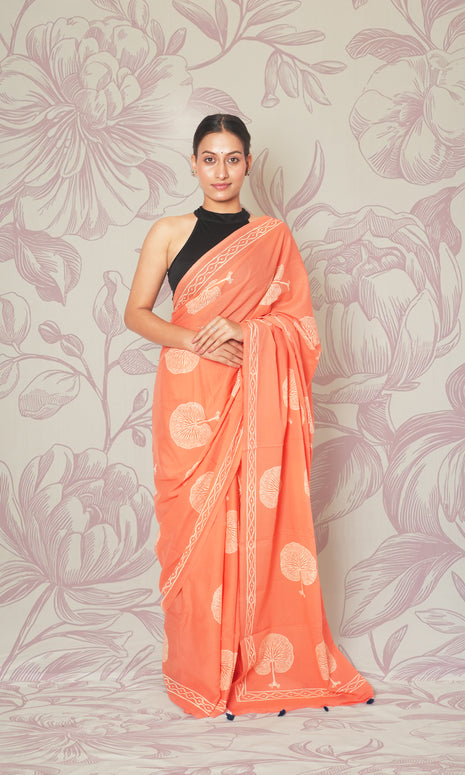 Peach & Blue Blouse Block Print Mulmul Cotton Saree With Blouse Piece