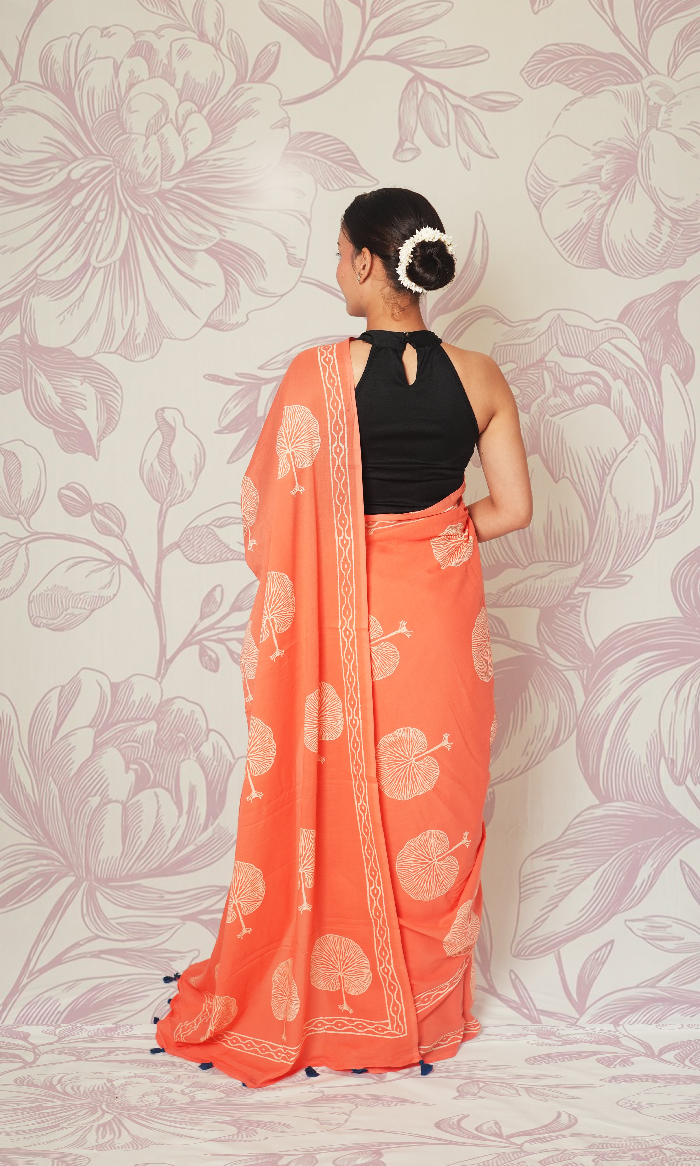 Peach & Blue Blouse Block Print Mulmul Cotton Saree With Blouse Piece