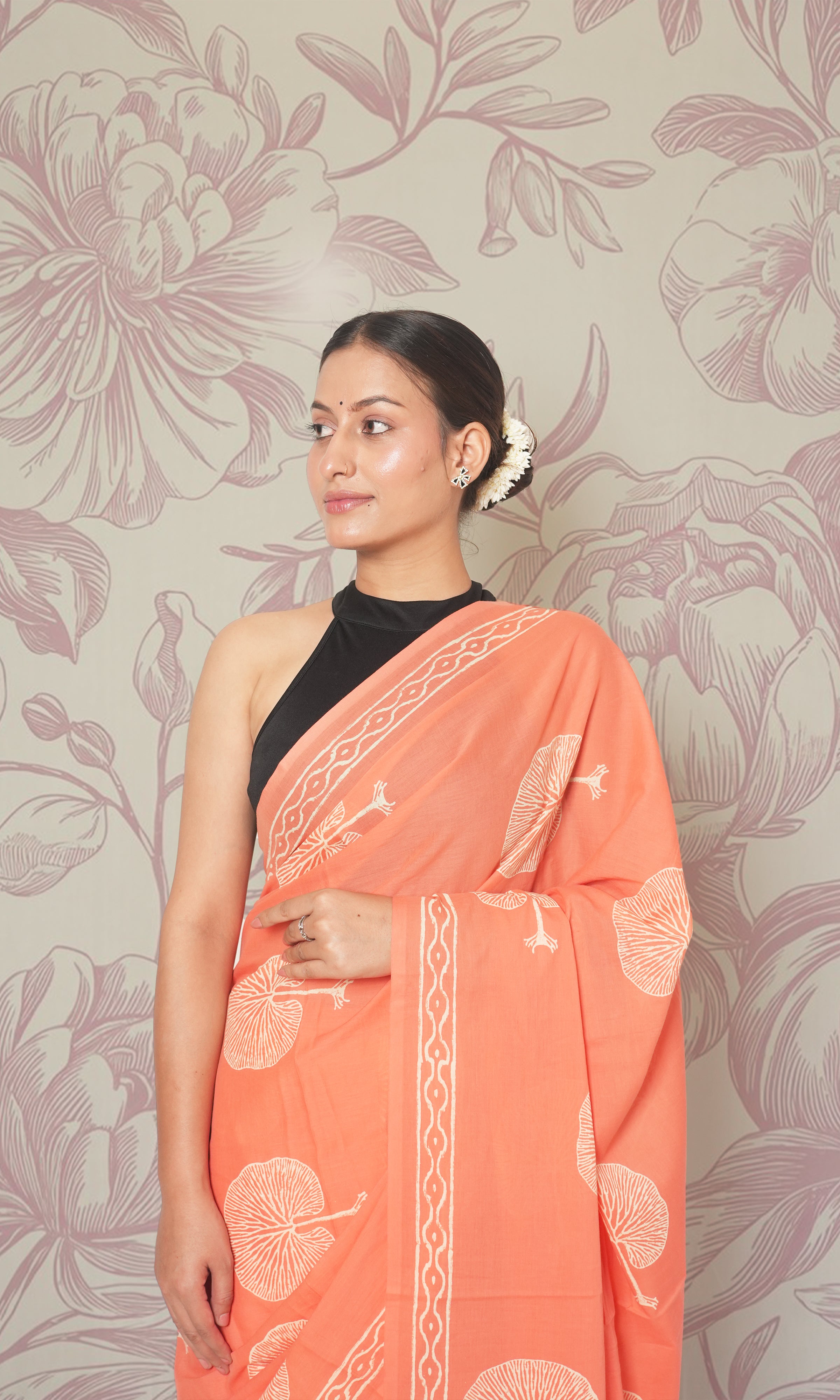 Peach & Blue Blouse Block Print Mulmul Cotton Saree With Blouse Piece
