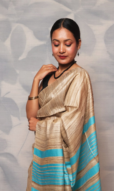 Beautiful Firozi Blue And Raw Gicha Tussar Silk Saree