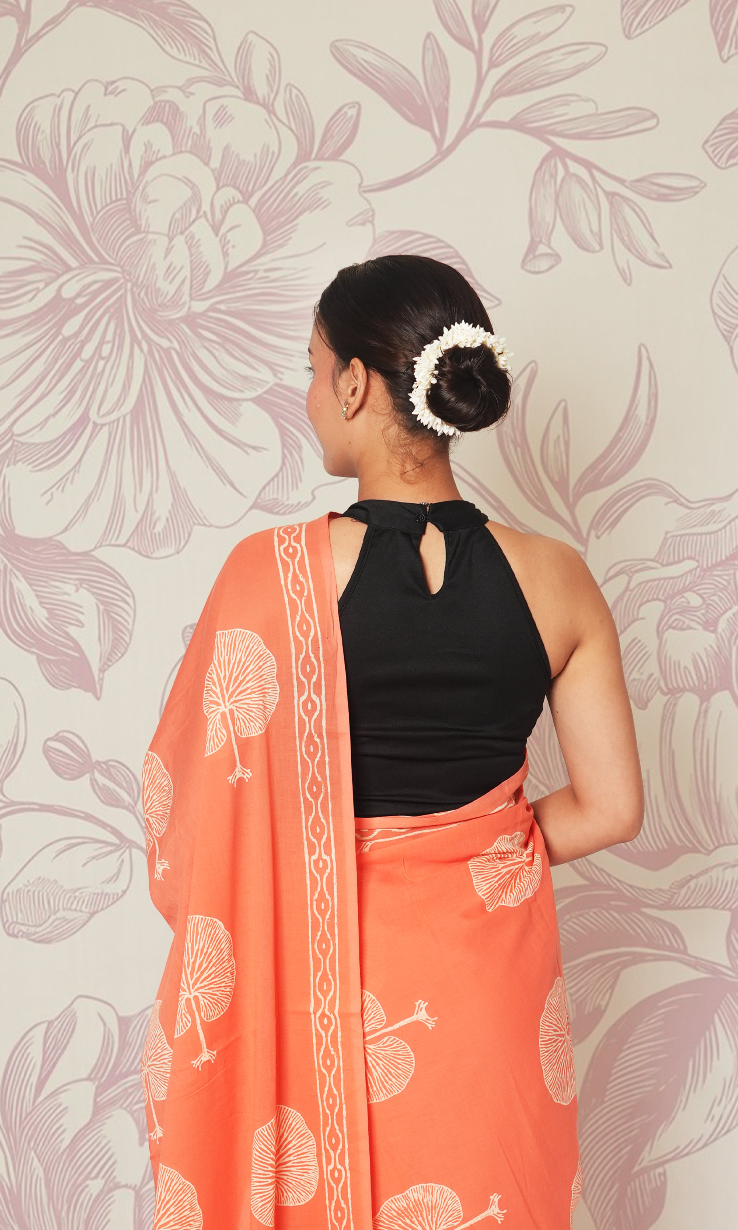 Peach & Blue Blouse Block Print Mulmul Cotton Saree With Blouse Piece