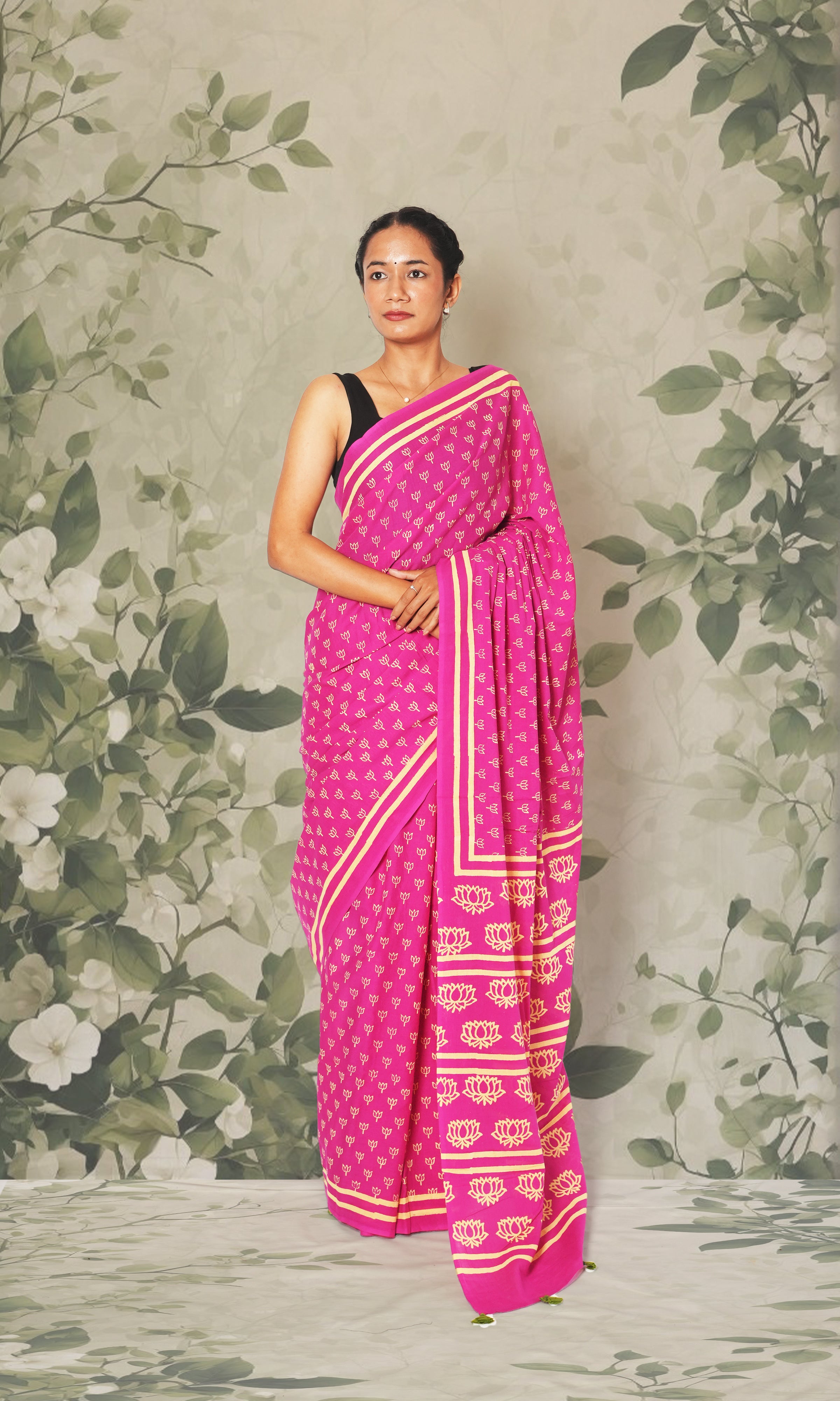 Rani Pink & Green Blouse Block Print Mulmul Cotton Saree With Blouse Piece