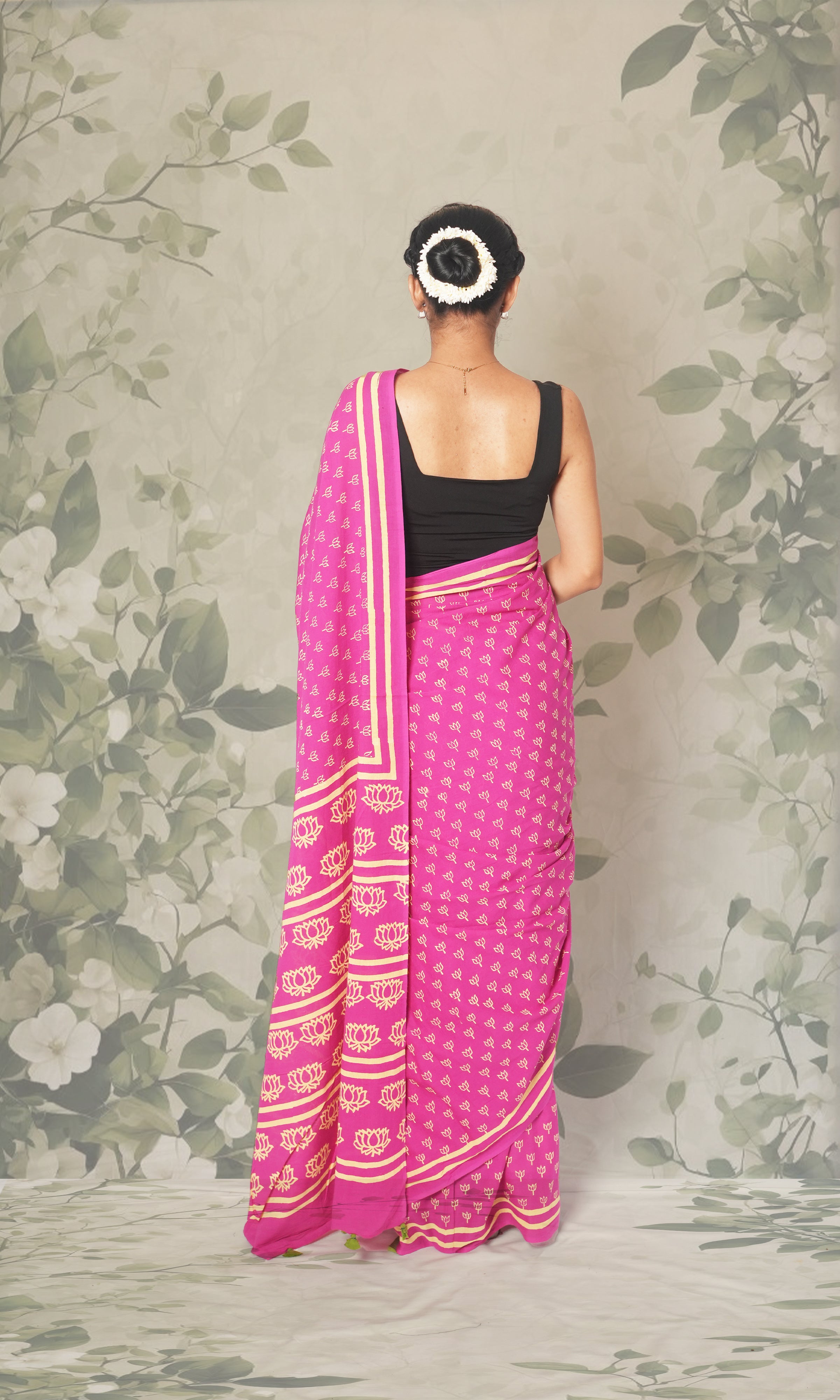 Rani Pink & Green Blouse Block Print Mulmul Cotton Saree With Blouse Piece