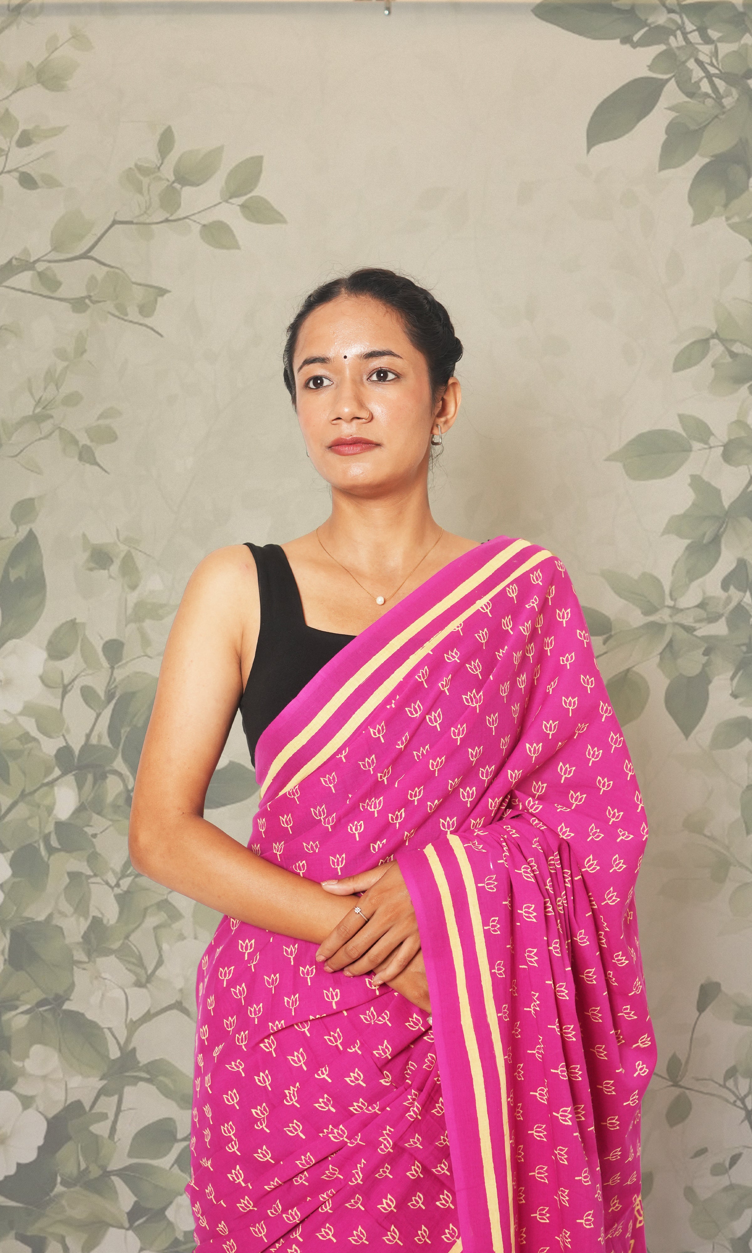 Rani Pink & Green Blouse Block Print Mulmul Cotton Saree With Blouse Piece