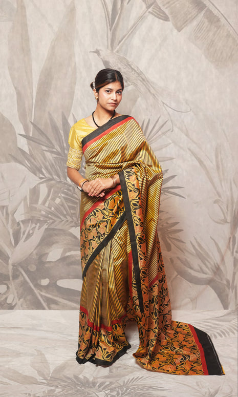 Red , Black And Gold Hand Block Printed Pure Silk Saree