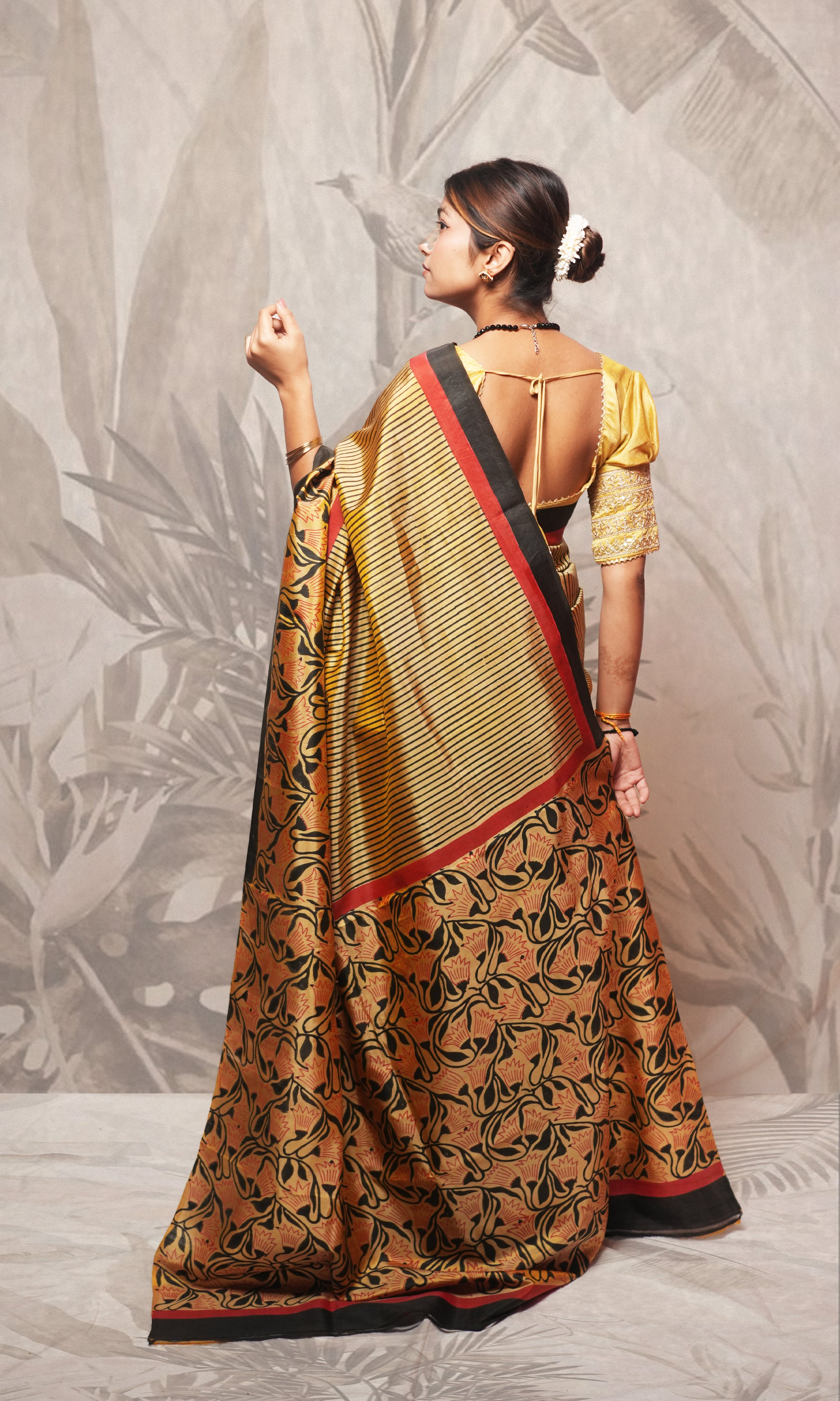 Red , Black And Gold Hand Block Printed Pure Silk Saree
