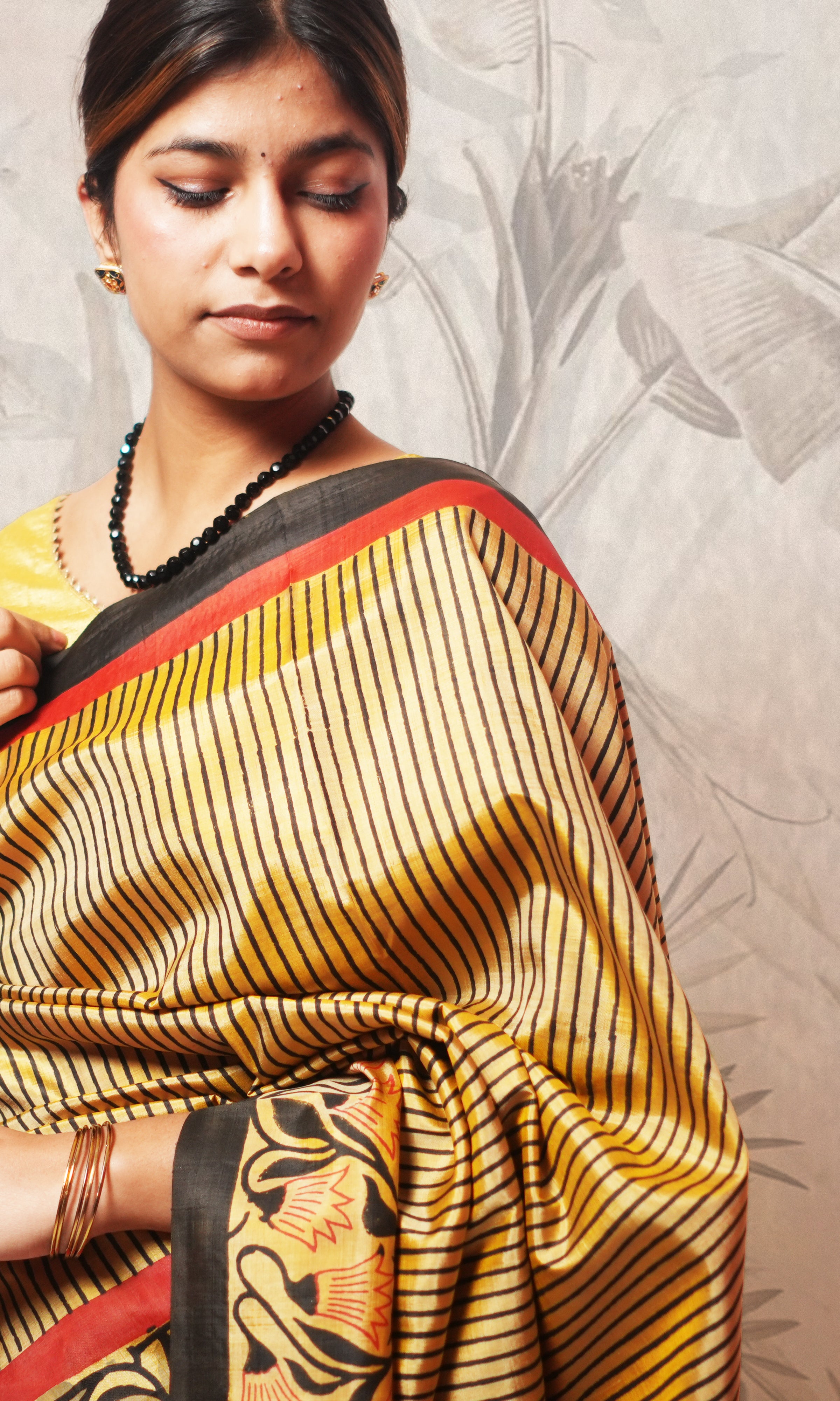 Red , Black And Gold Hand Block Printed Pure Silk Saree
