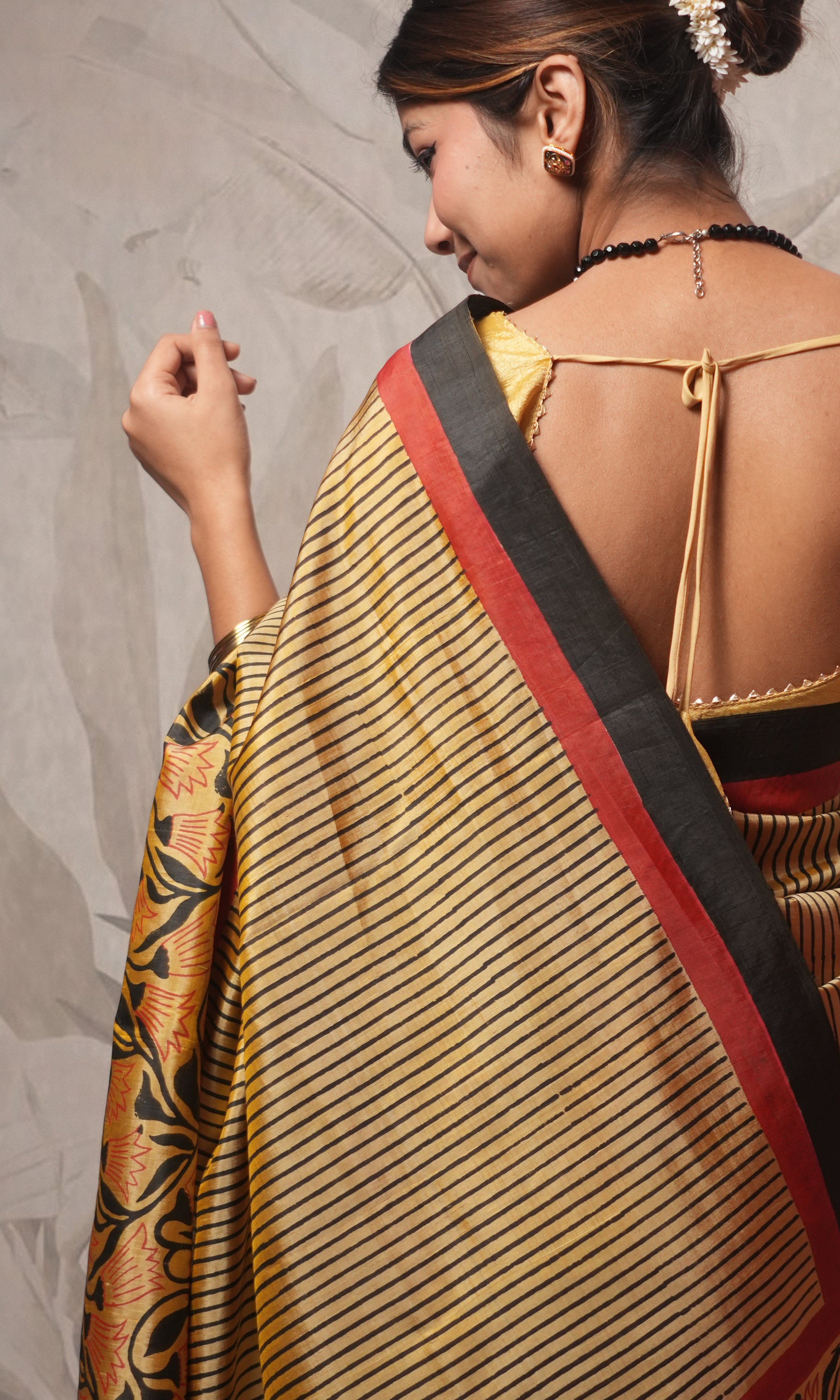 Red , Black And Gold Hand Block Printed Pure Silk Saree