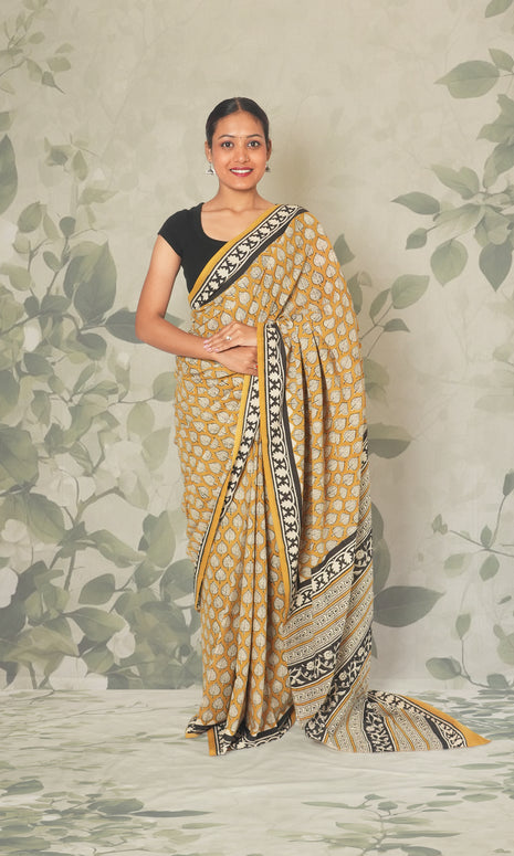 Yellow Hand Block Print Cotton Saree With Blouse Piece