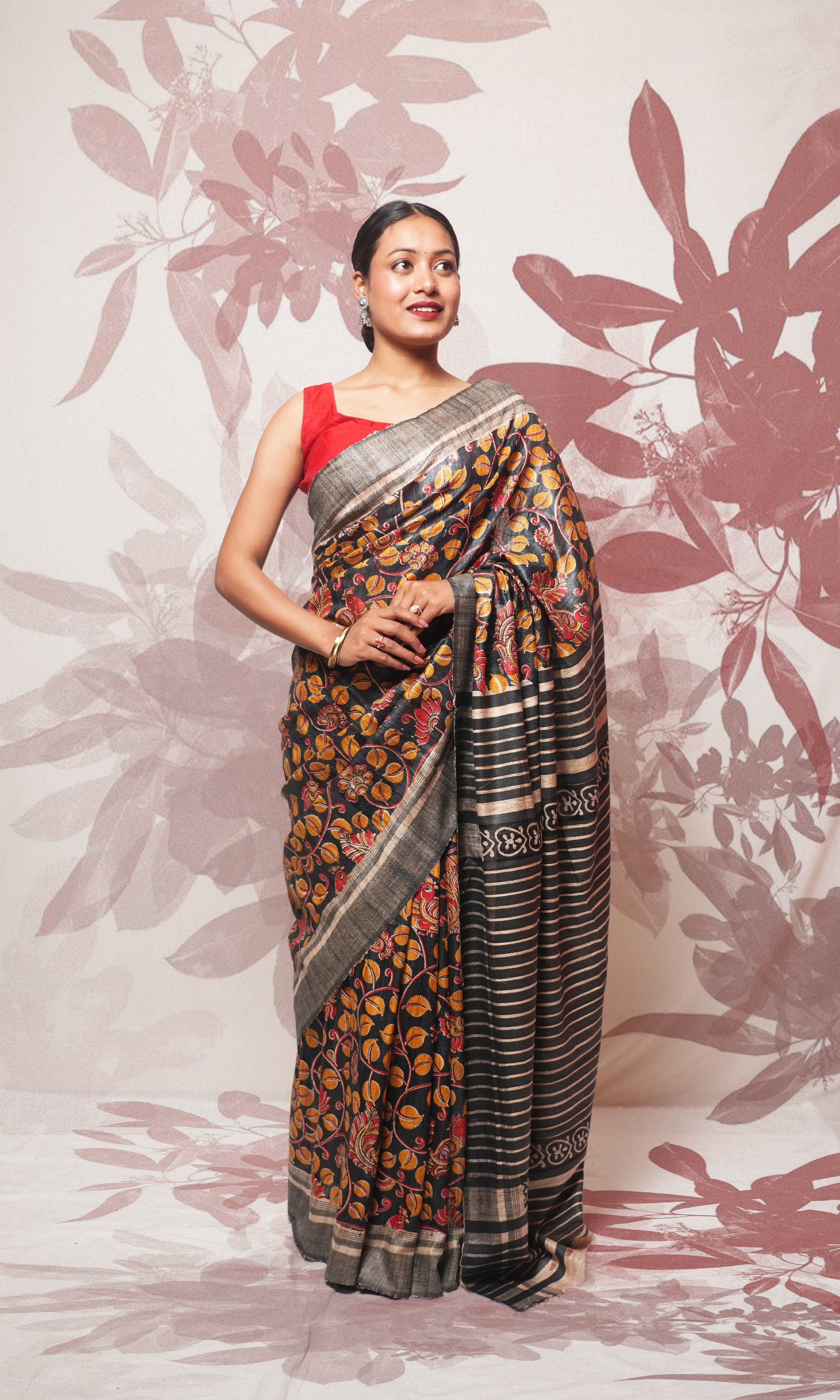 Multicolor Handblock Print On Gicha Tussar Silk Saree