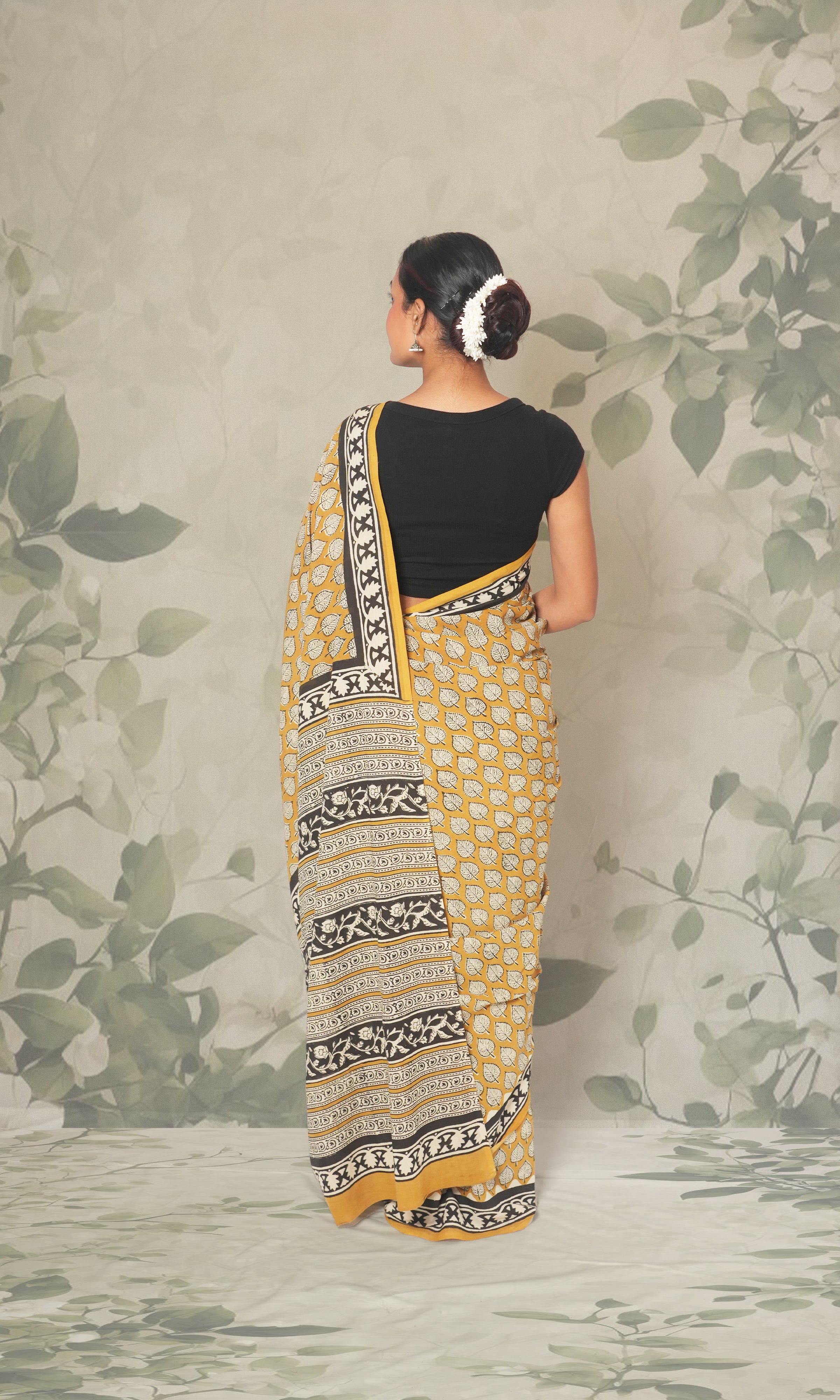 Yellow Hand Block Print Cotton Saree With Blouse Piece