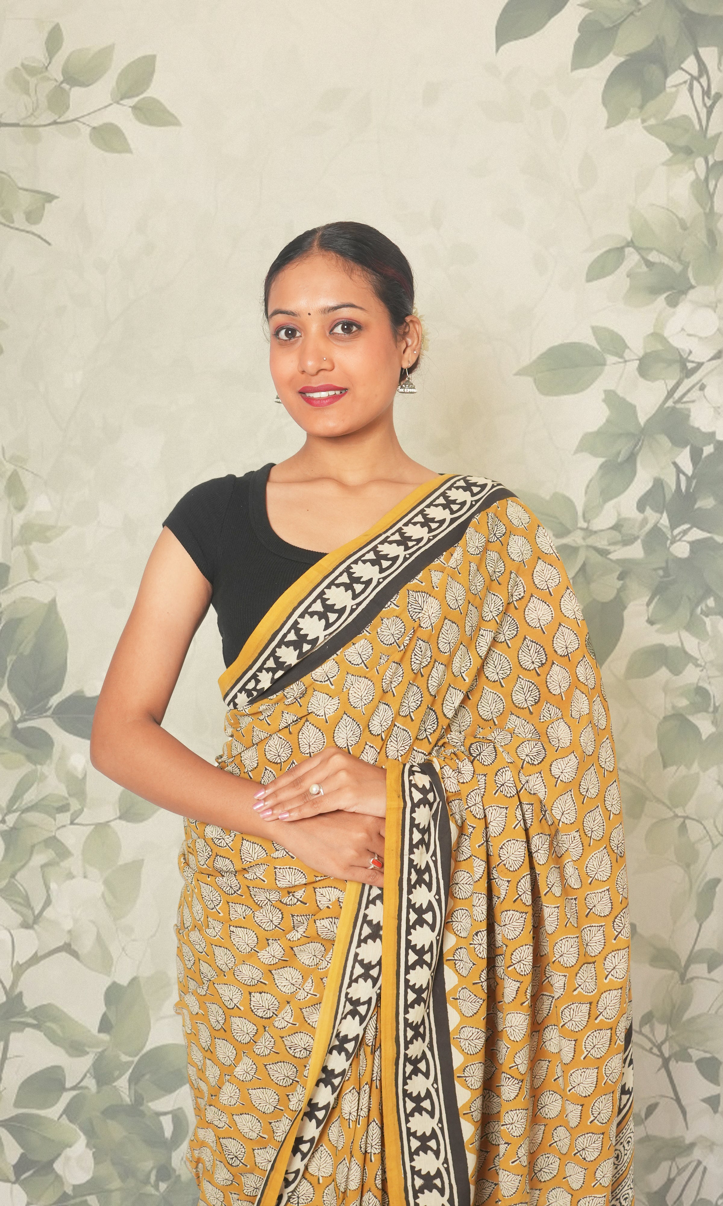 Yellow Hand Block Print Cotton Saree With Blouse Piece