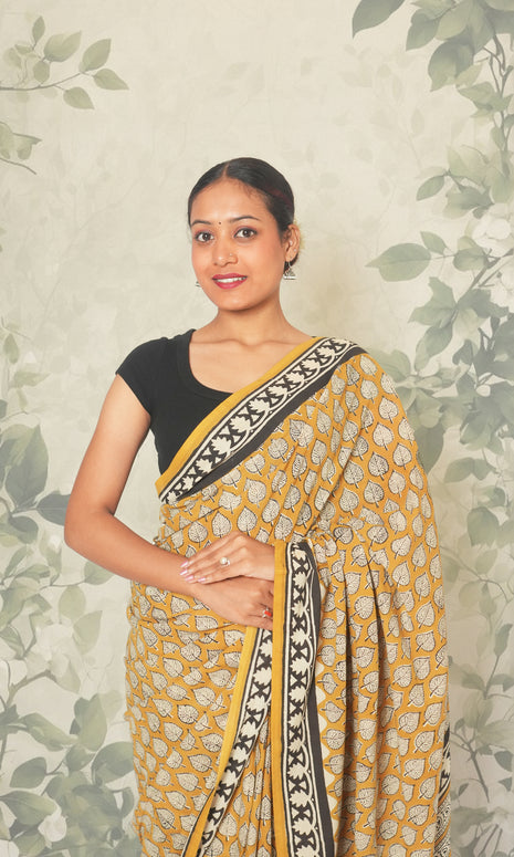 Yellow Hand Block Print Cotton Saree With Blouse Piece
