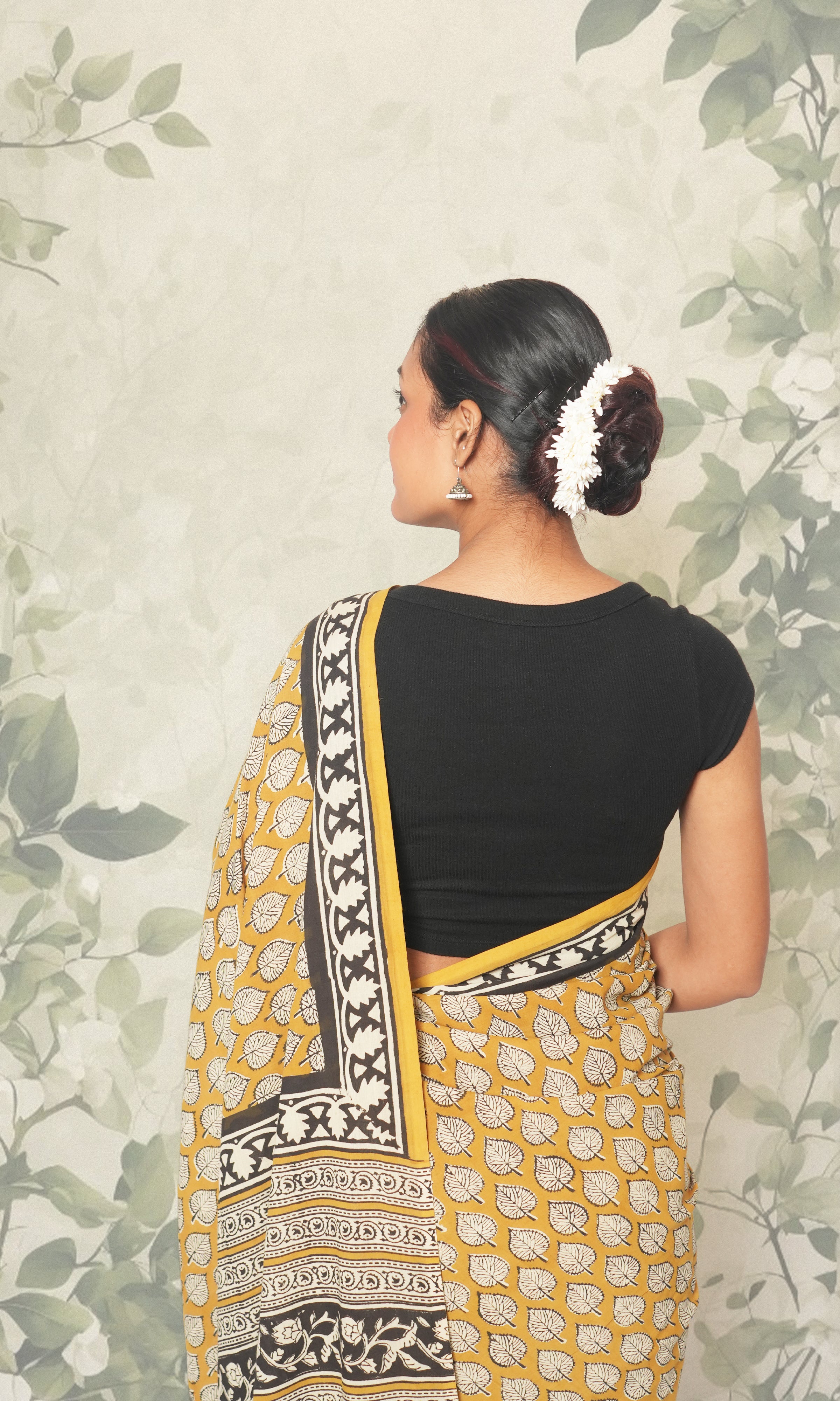 Yellow Hand Block Print Cotton Saree With Blouse Piece