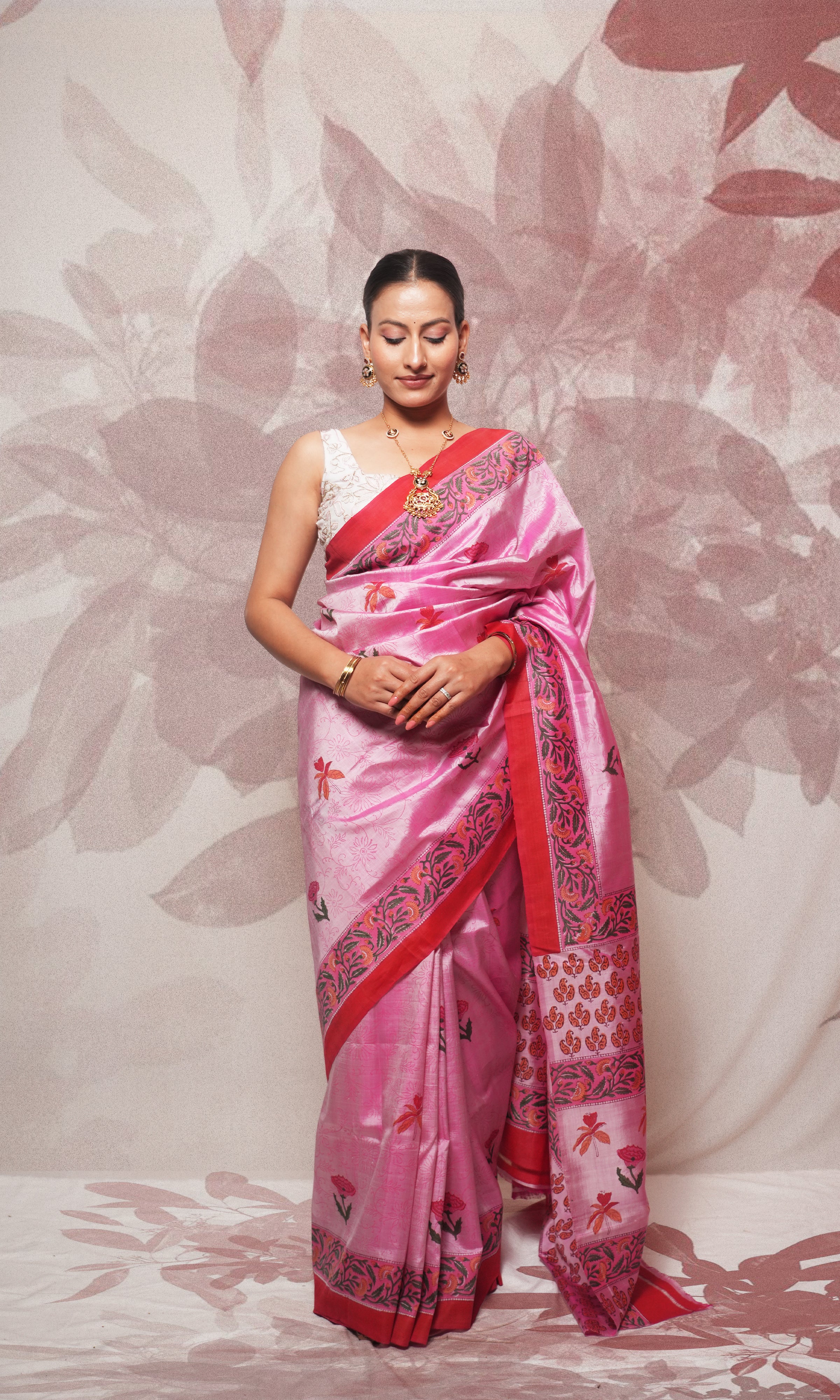 Pink Red Hand Block Printed Pure Silk Saree