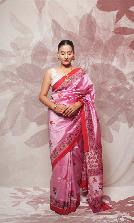 Pink Red Hand Block Printed Pure Silk Saree