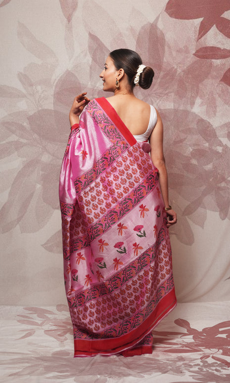 Pink Red Hand Block Printed Pure Silk Saree