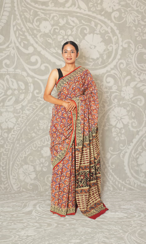 Ajrak Print Red Paisley Cotton Saree With Blouse Piece