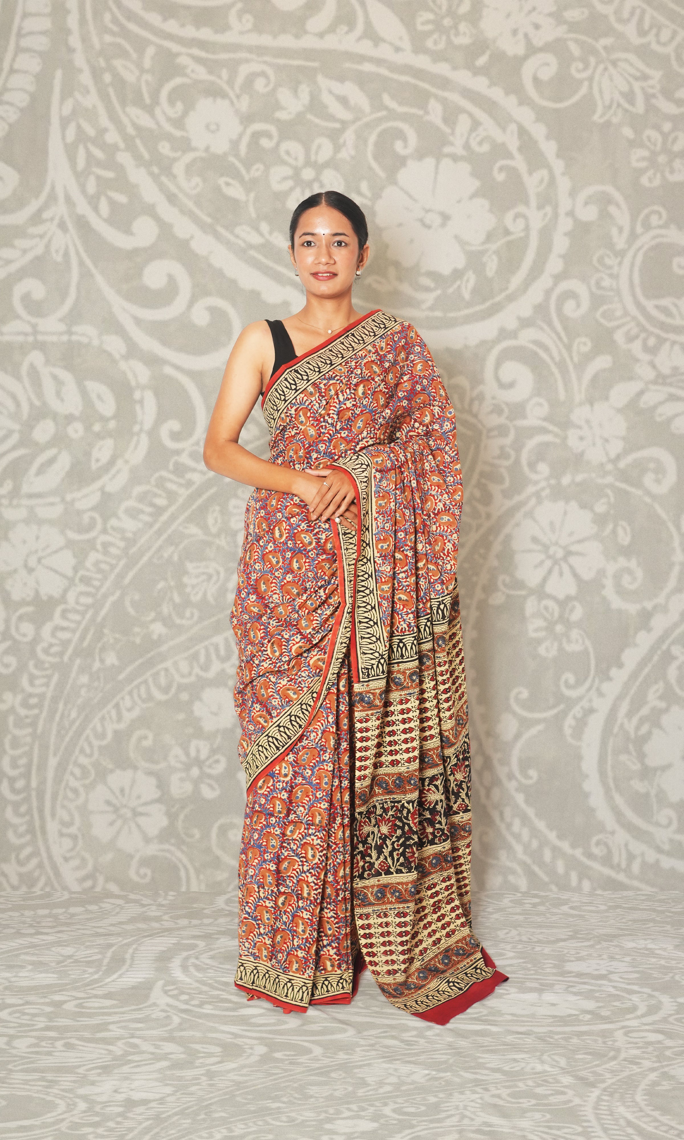 Multi Colored Ajrak Print Cotton Saree With Blouse Piece