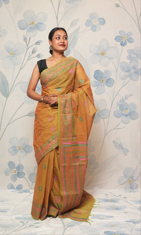 Green And Pink Katha Work On Mehndi Green Cotton Saree