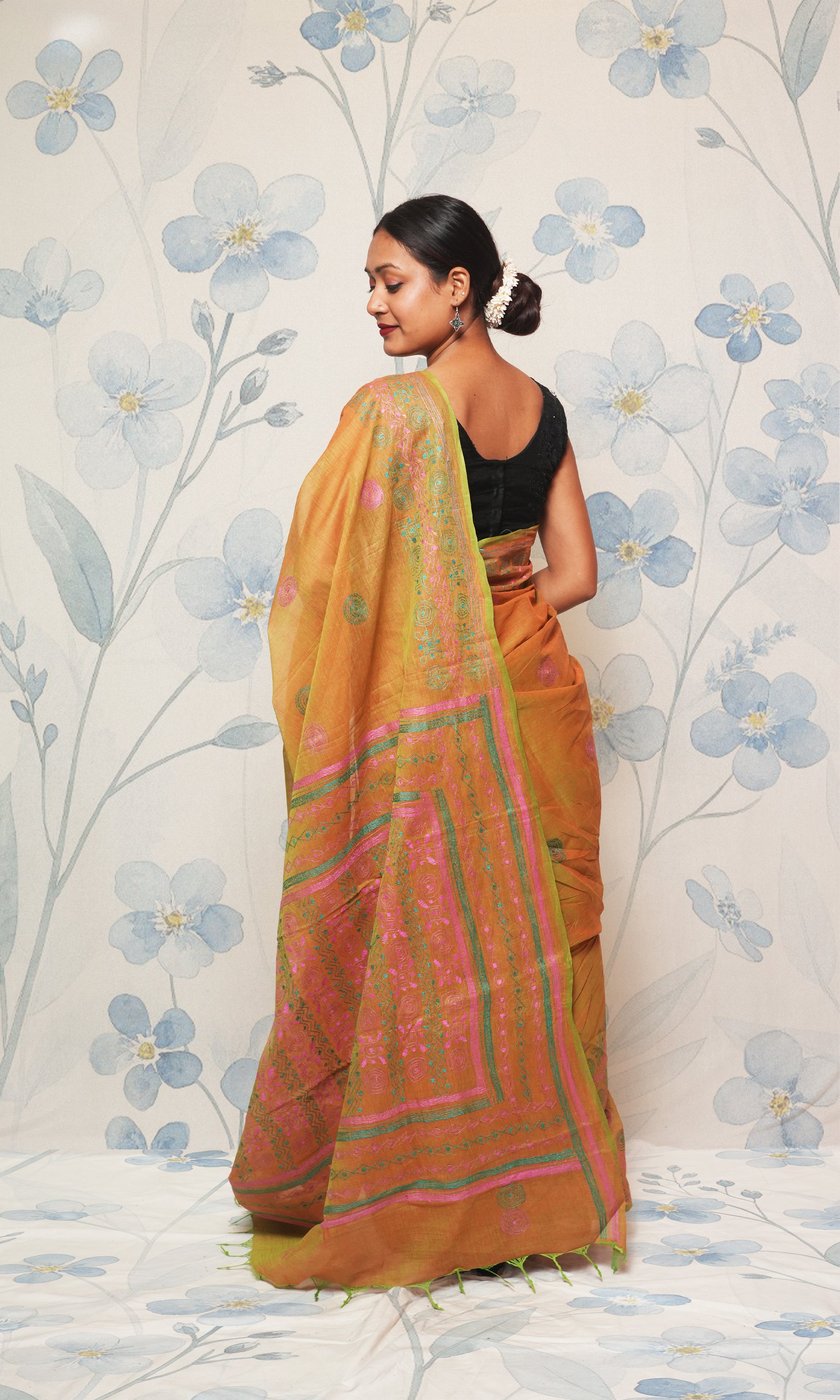 Green And Pink Katha Work On Mehndi Green Cotton Saree