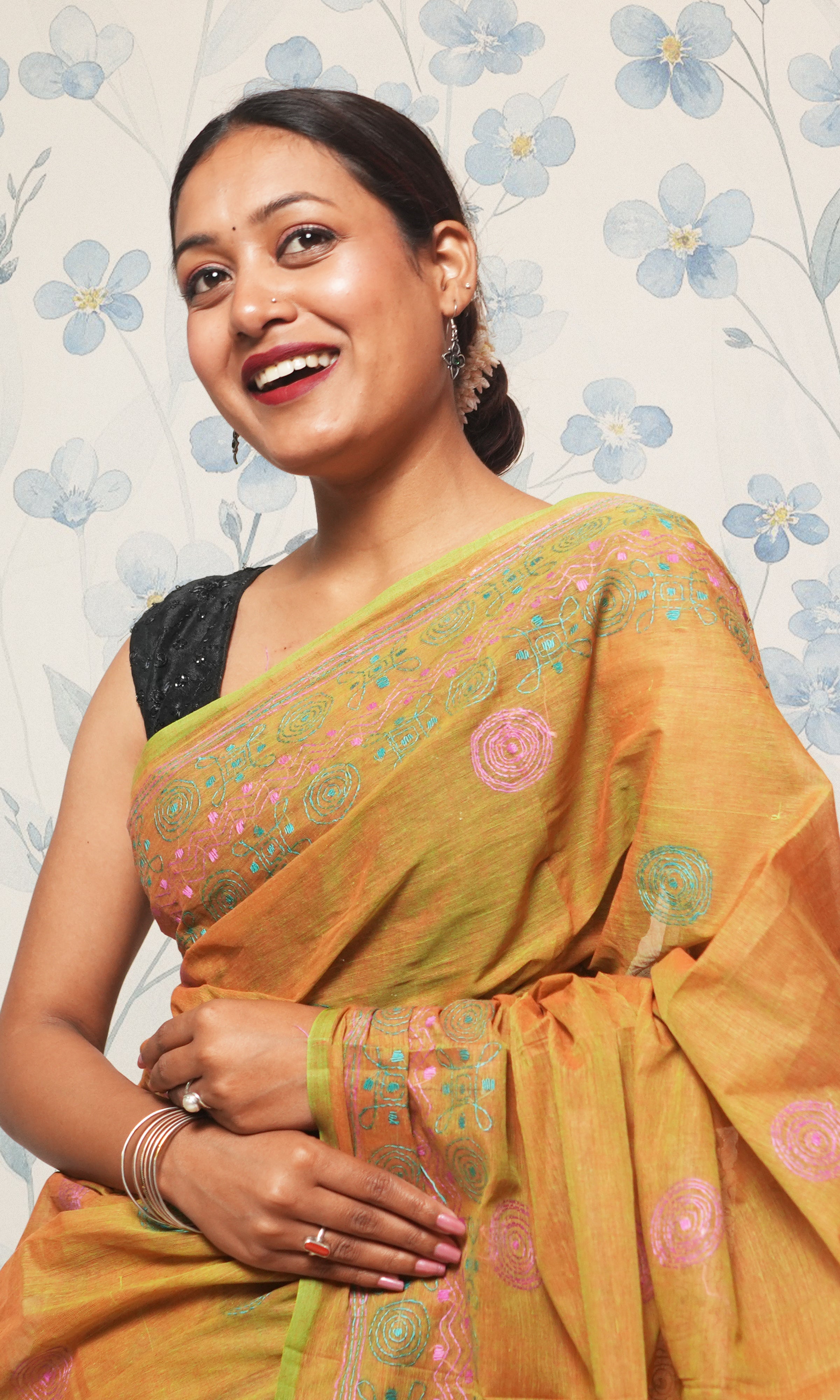 Green And Pink Katha Work On Mehndi Green Cotton Saree