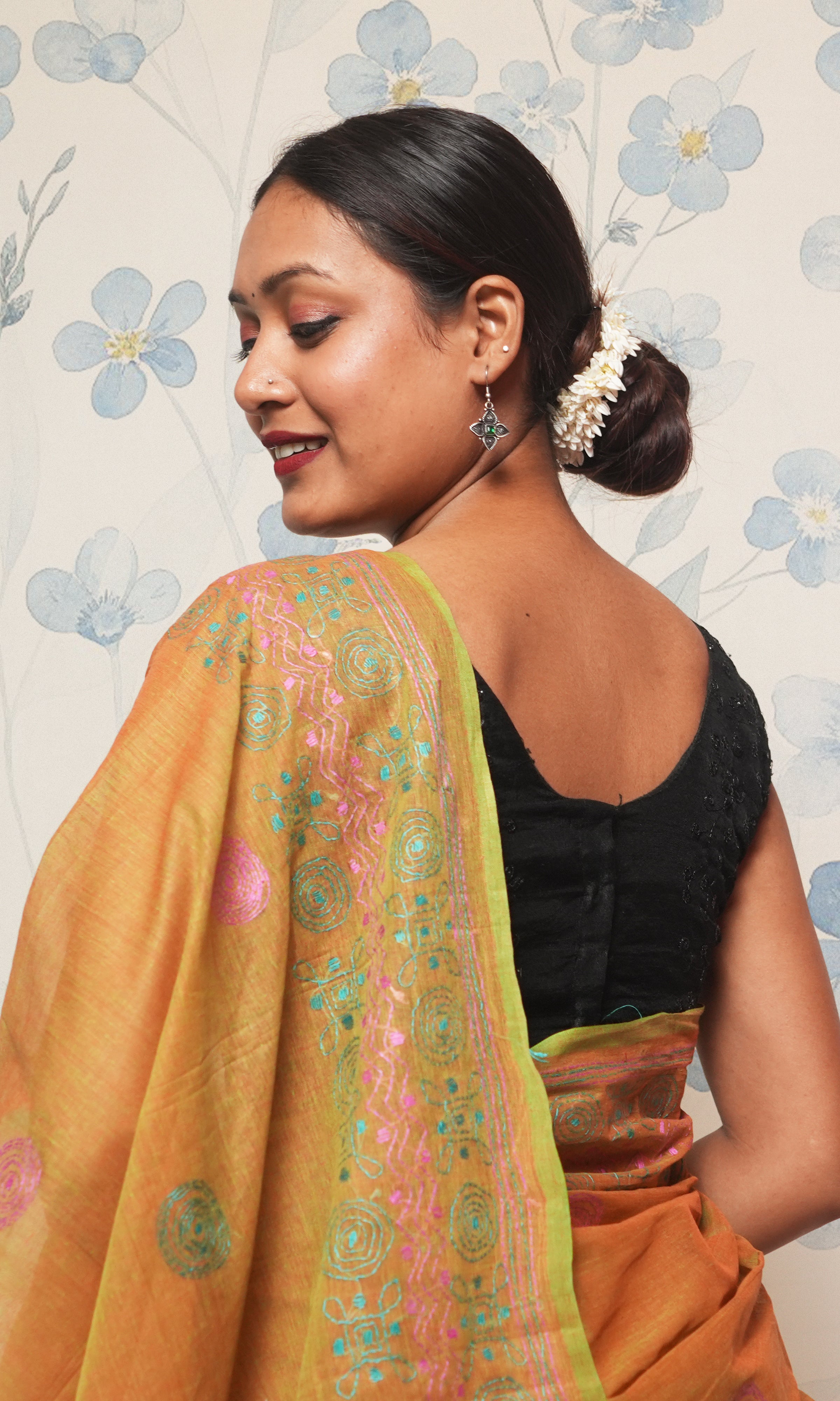 Green And Pink Katha Work On Mehndi Green Cotton Saree
