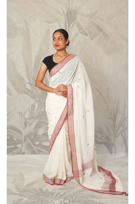 White & Red Border Cotton Saree With Blouse Piece
