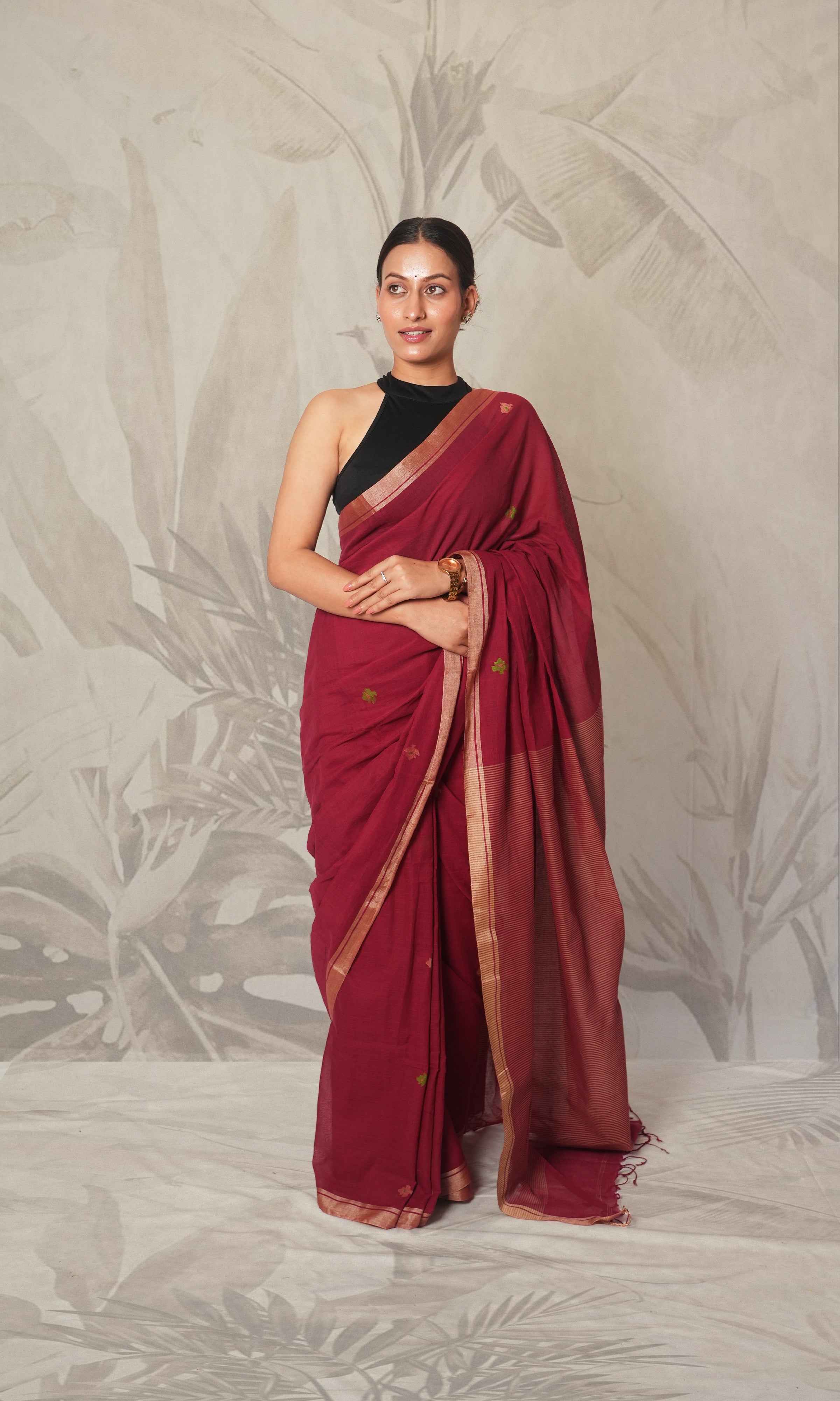 Red & Silver Border Bengal Cotton Saree With Blouse Piece