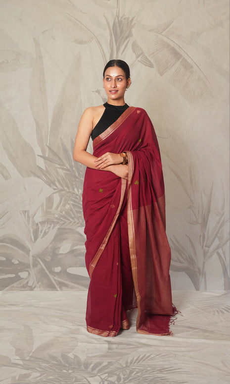 Red & Silver Border Bengal Cotton Saree With Blouse Piece