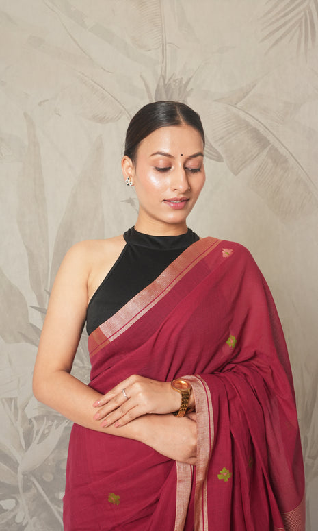 Red & Silver Border Bengal Cotton Saree With Blouse Piece