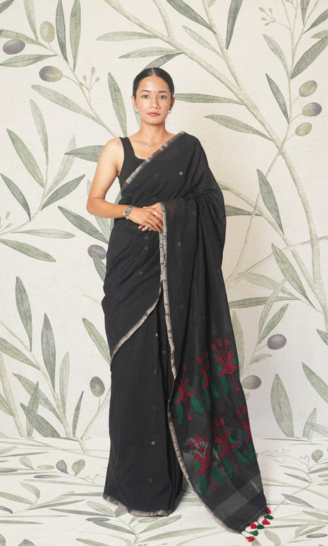 Black & Silver Bengal Cotton Saree With Blouse Piece