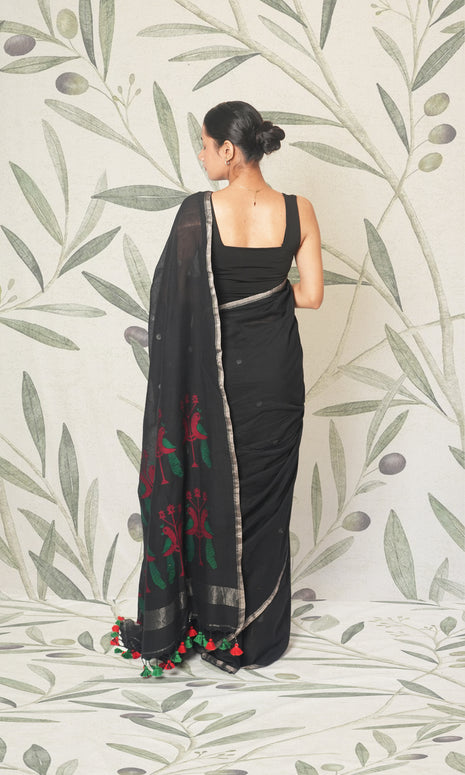 Black & Silver Bengal Cotton Saree With Blouse Piece