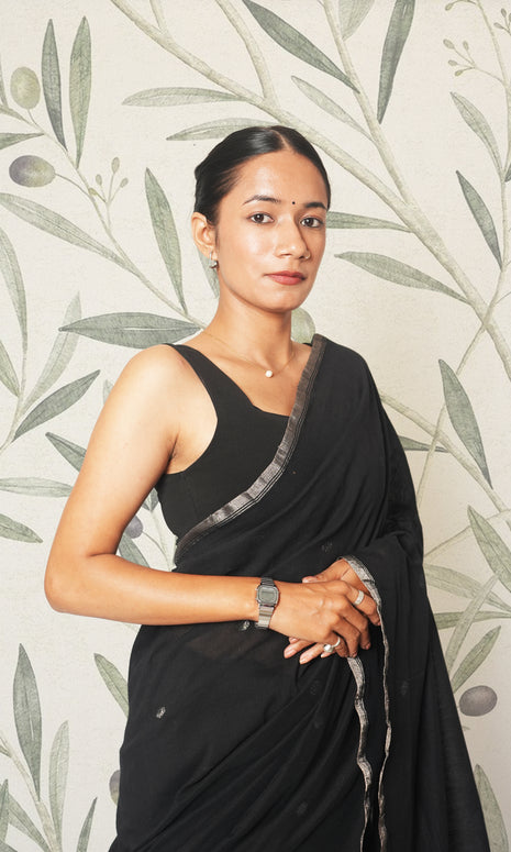 Black & Silver Bengal Cotton Saree With Blouse Piece