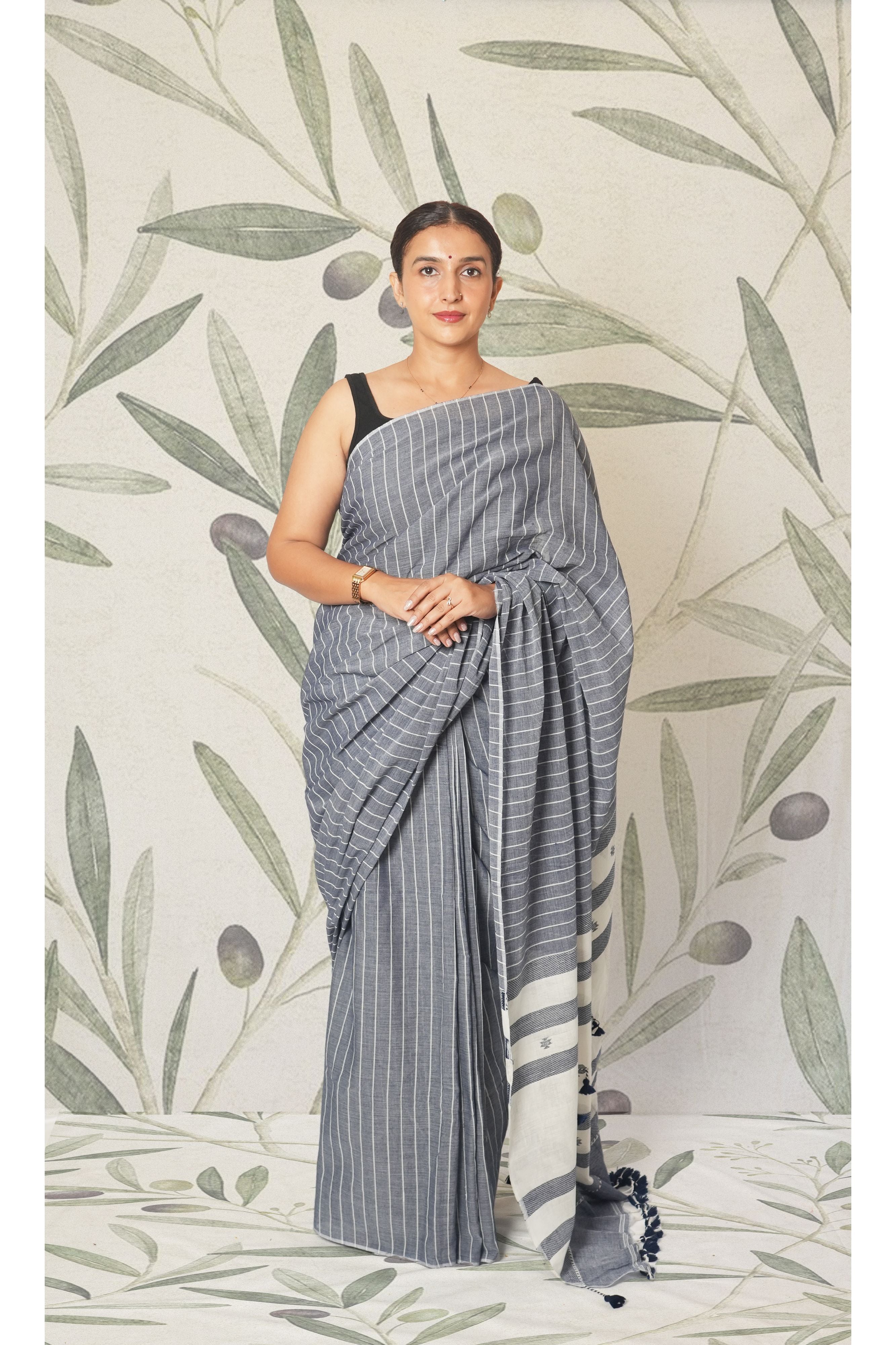 Grey & White Vertical Stripe, Blue Tassels Saree With Blouse Piece