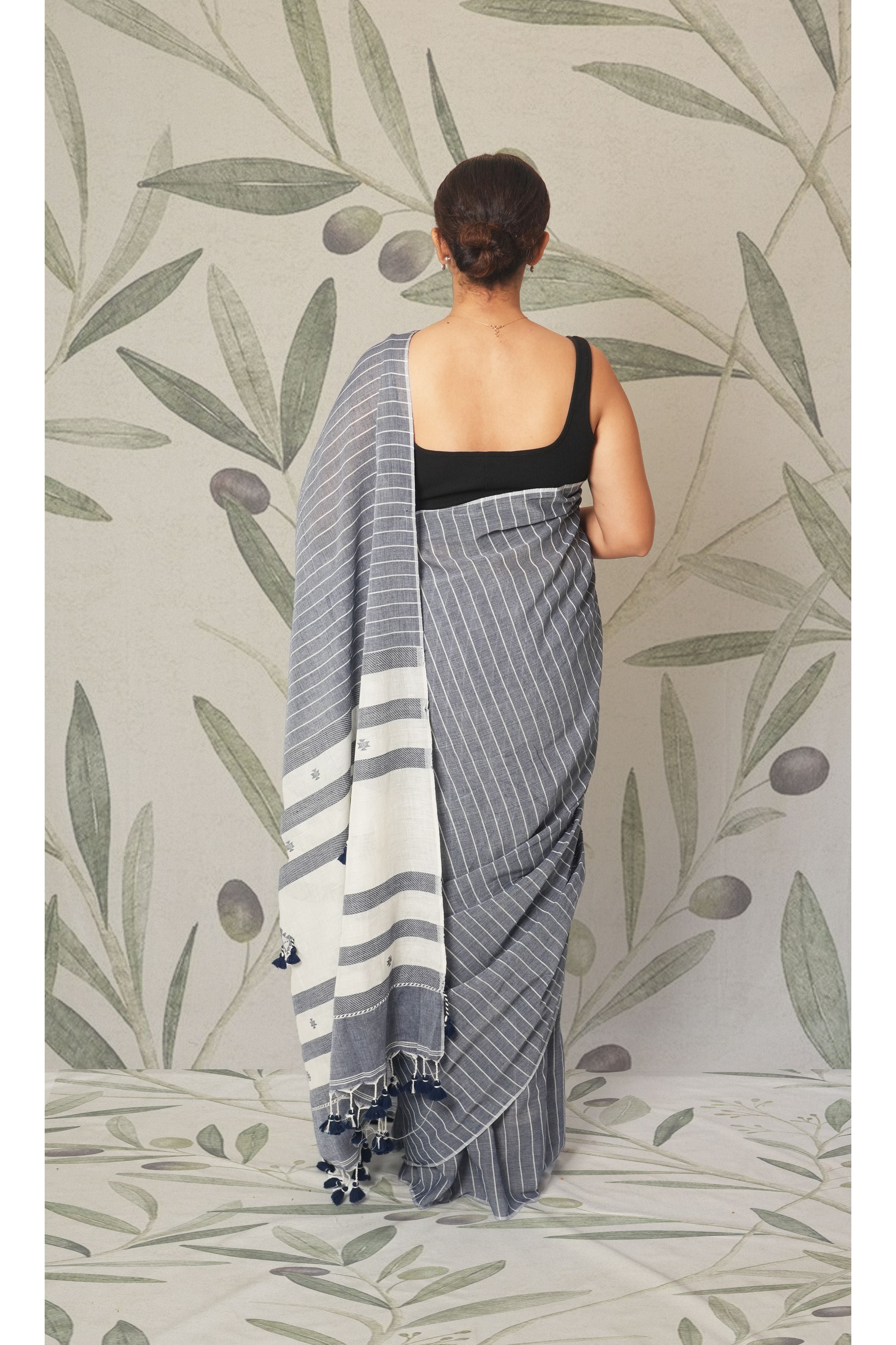 Grey & White Vertical Stripe, Blue Tassels Saree With Blouse Piece