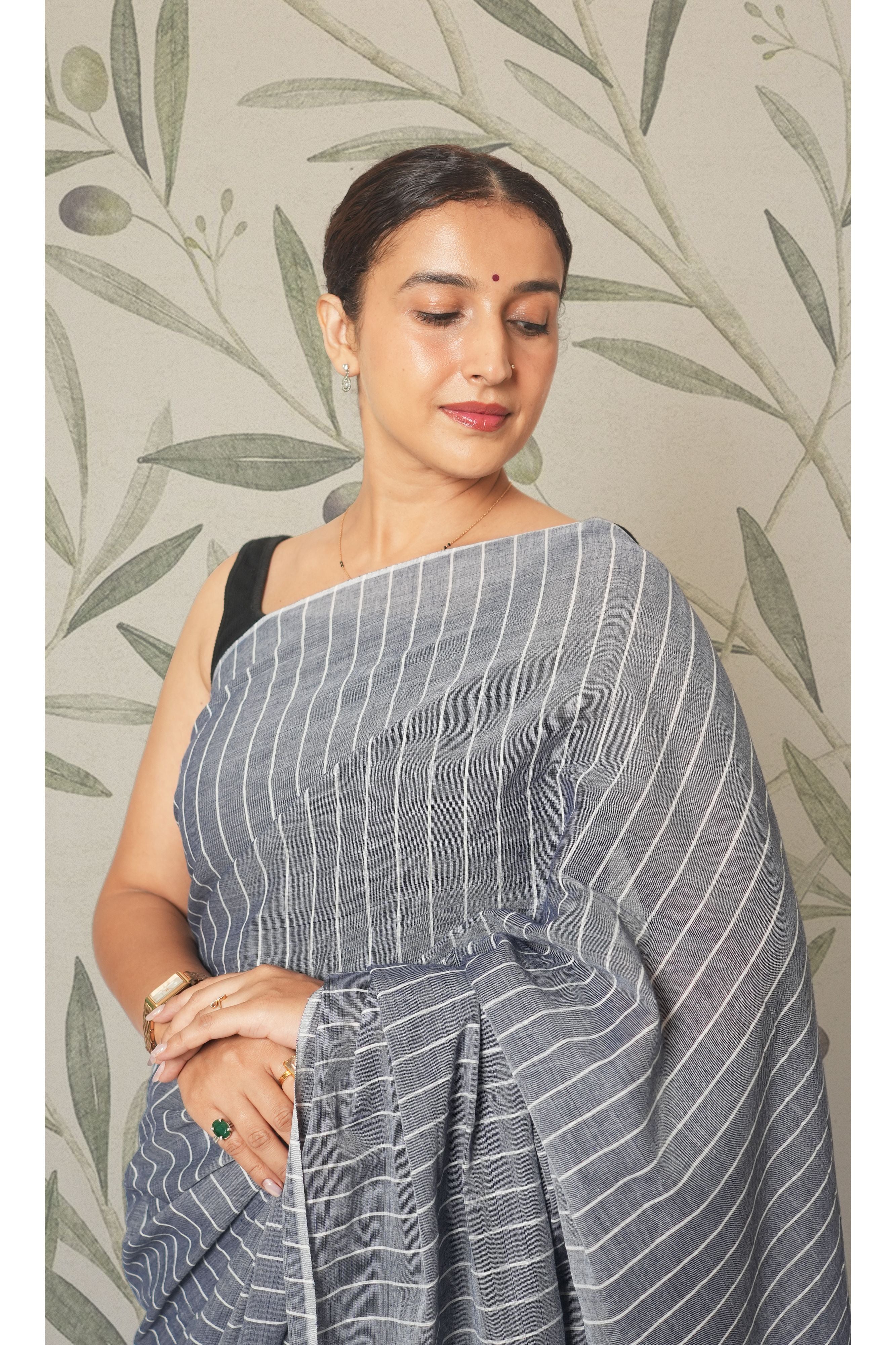 Grey & White Vertical Stripe, Blue Tassels Saree With Blouse Piece