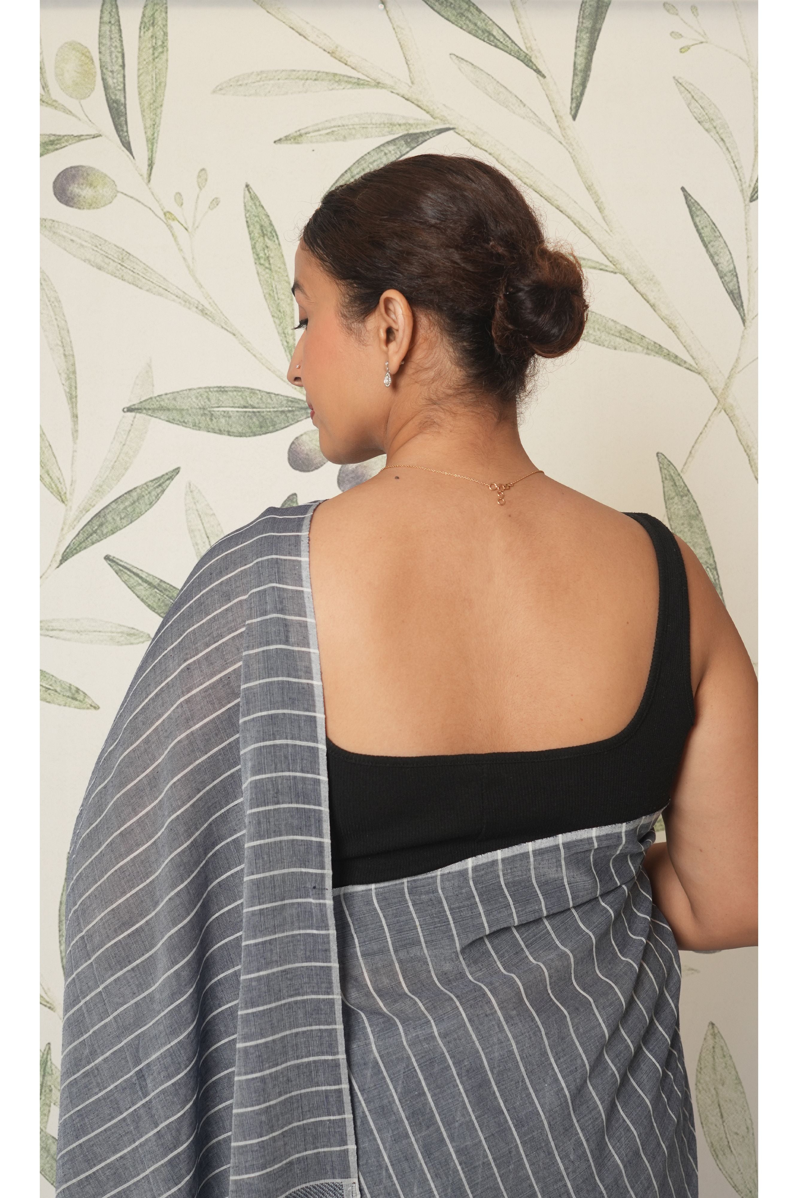 Grey & White Vertical Stripe, Blue Tassels Saree With Blouse Piece