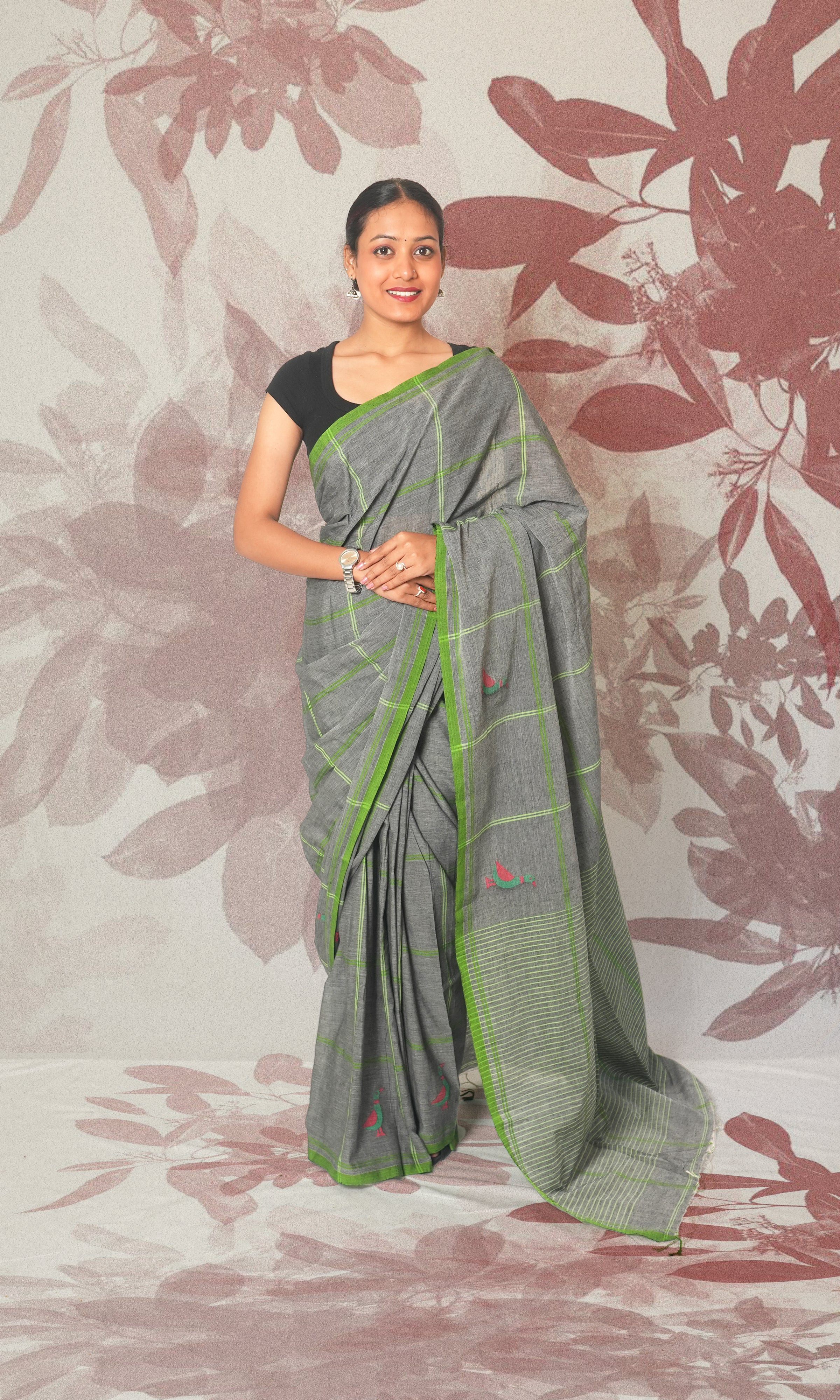 Grey & Green Bird Bengal Cotton Saree Without Blouse Piece