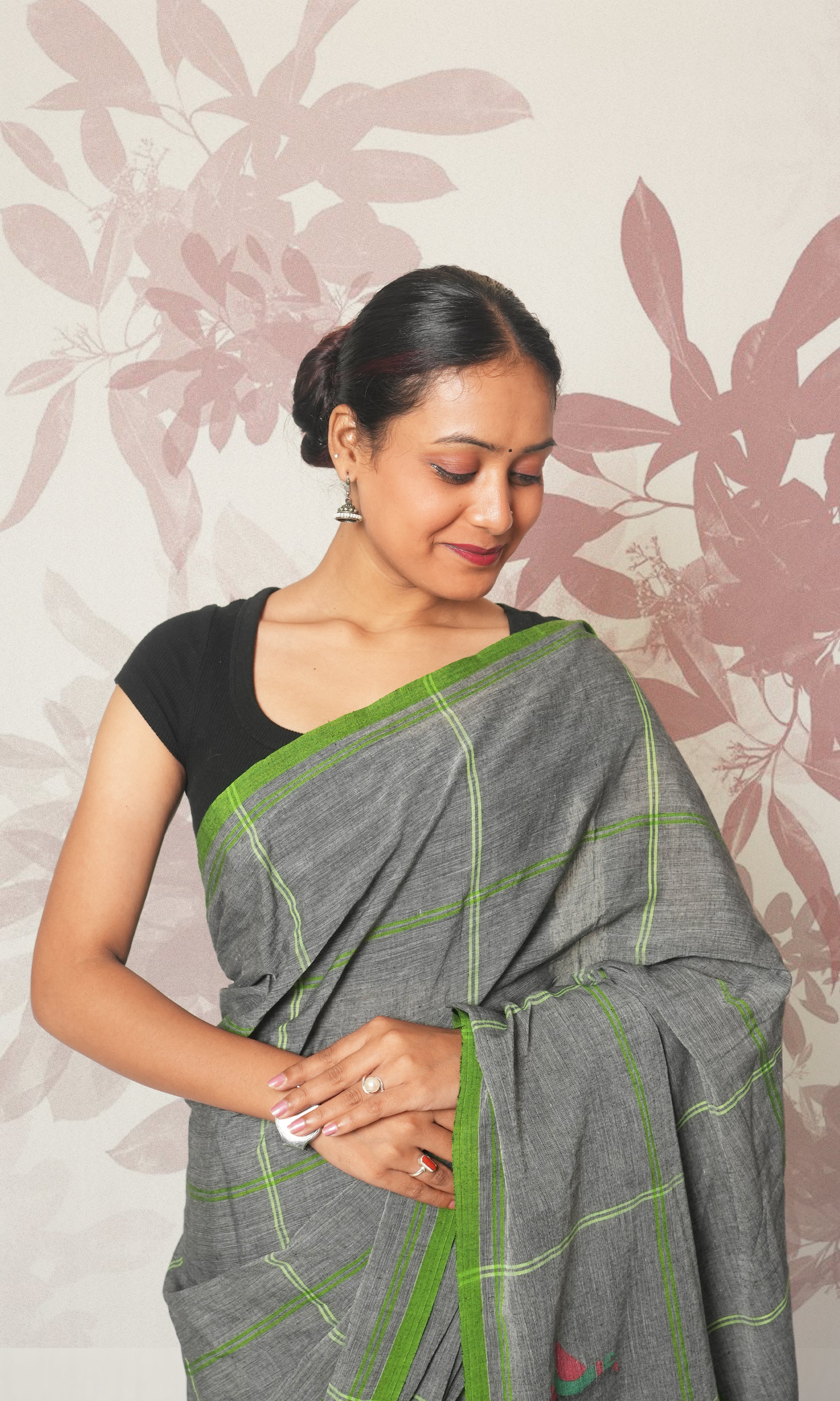 Grey & Green Bird Bengal Cotton Saree Without Blouse Piece